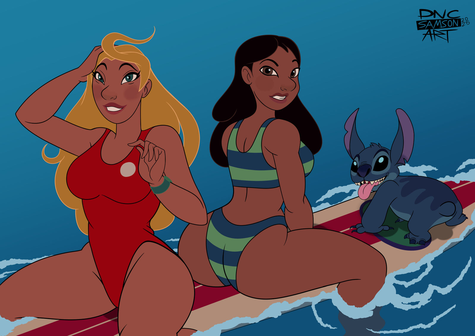 1boy, 2girls, alien, alien boy, ass, big ass, big breasts, big thighs, blonde hair, breasts, brown body, brown skin, brown-skinned female, bust, busty, chest, curvaceous, curvy, curvy figure, dark skin, dark-skinned female, digital media (artwork), disney, dncsamsonart, experiment (lilo and stitch), female, hips, hourglass figure, huge ass, huge thighs, large ass, large breasts, large thighs, legs, lifeguard, lifeguard (lilo and stitch), lilo and stitch, male, male/female, malevolentsamsonnsfw, mature, mature female, nani pelekai, short male, slim waist, stitch, stitch (lilo and stitch), straight, thick, thick hips, thick legs, thick thighs, thighs, voluptuous, waist, wide hips