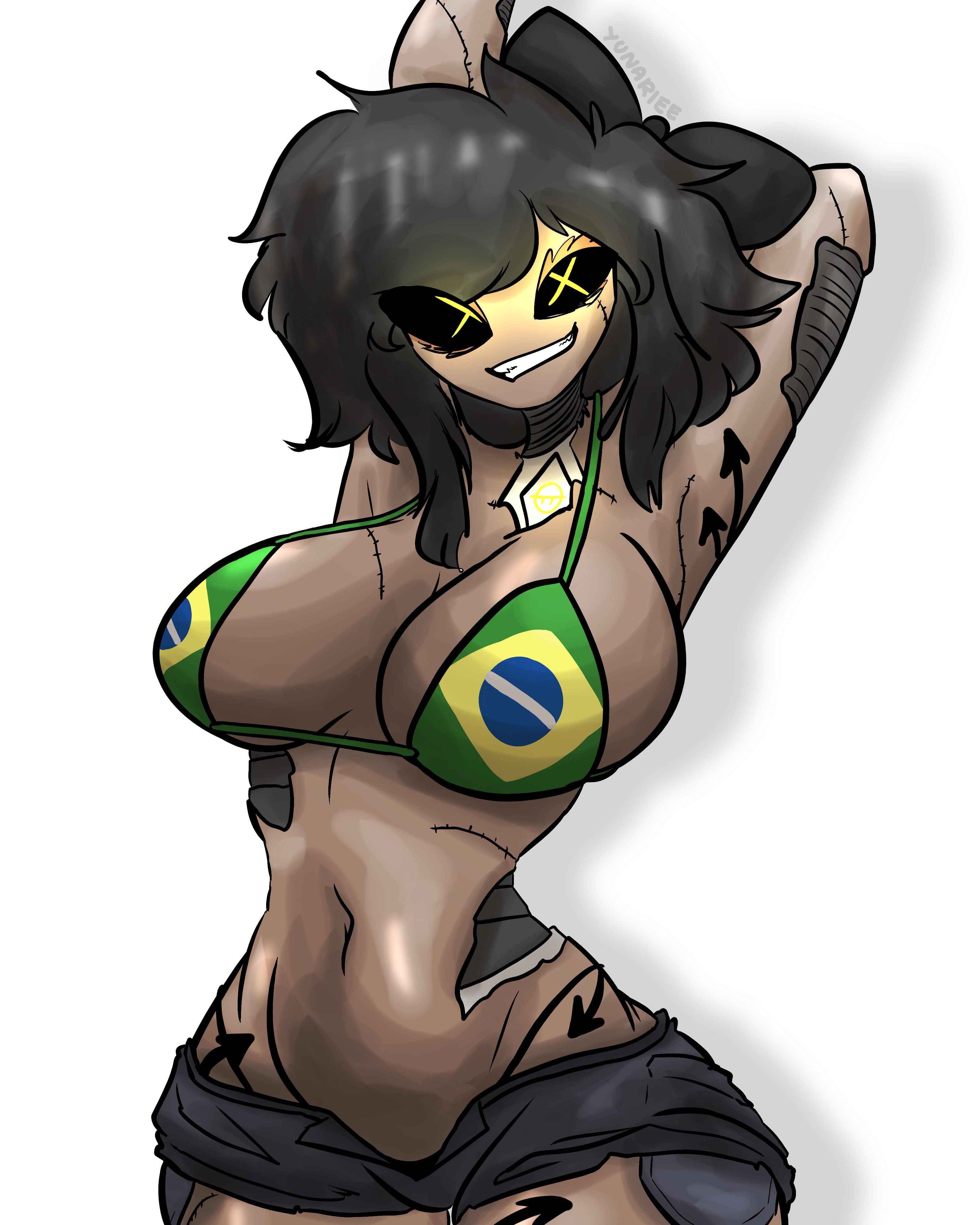 bikini, breasts, cyn (murder drones), cyntessa (murder drones), female, female only, flag bikini, large breasts, murder drones, shorts, yunariee