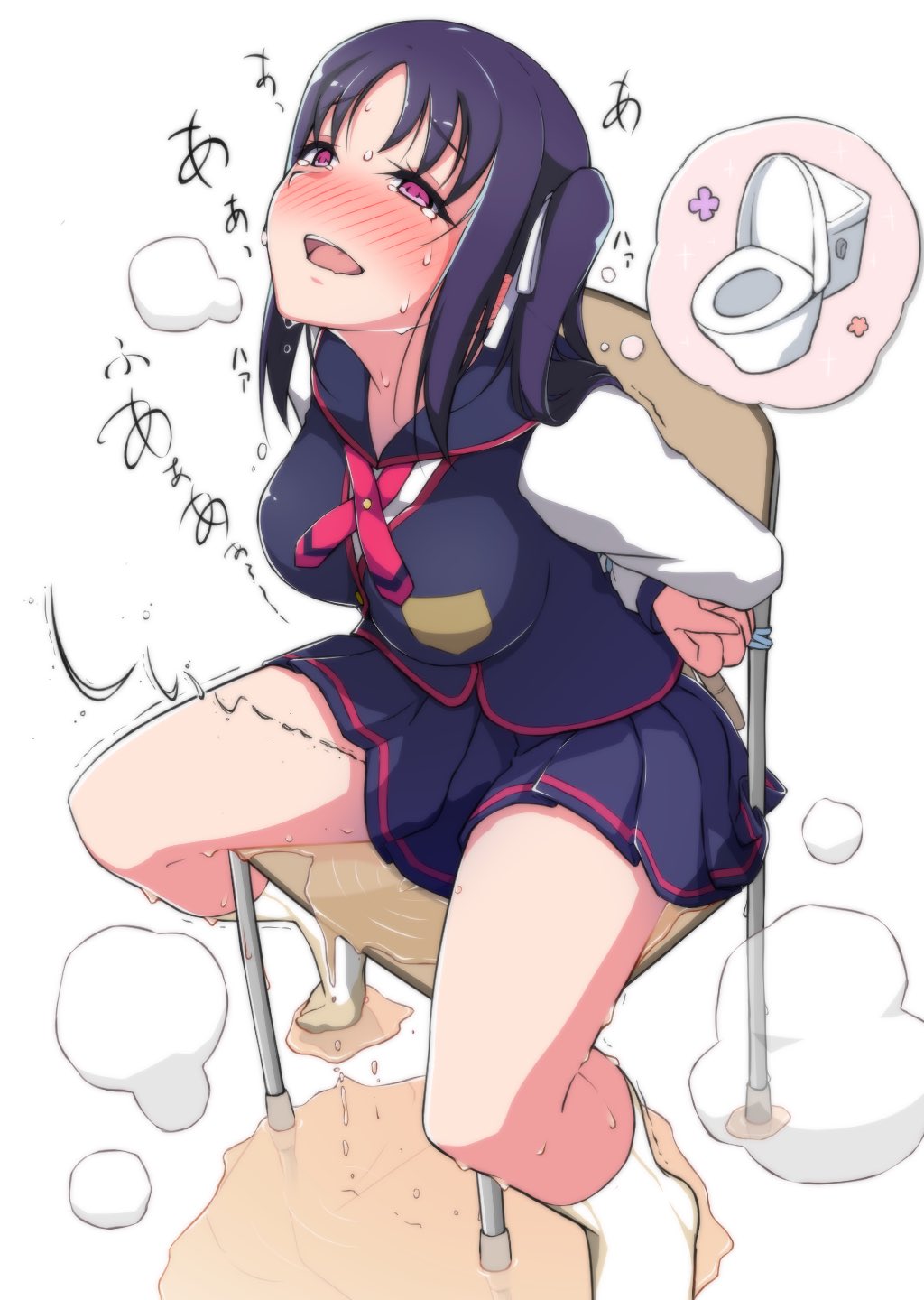 1girls, arms behind back, azukilib, blush, bondage, bound, bound arms, breasts, breath, chair, commentary, embarrassed, female, full body, hair ribbon, half-closed eyes, highres, kazuno sarah, legs, long hair, long sleeves, looking up, love live!, love live! sunshine!!, medium breasts, miniskirt, moaning, neck ribbon, nose blush, on chair, one side up, open mouth, peeing, peeing self, pink eyes, pleated skirt, puddle, purple hair, purple skirt, purple vest, raised eyebrows, red ribbon, ribbon, school chair, school uniform, seisen school uniform, shirt, sidelocks, simple background, sitting, skirt, solo, speech bubble, spoken object, spread legs, steam, sweat, tears, teeth, thighs, thought bubble, toilet, tongue, translation request, trembling, urine, vest, wet, wet clothes, wet skirt, white background, white ribbon, white shirt