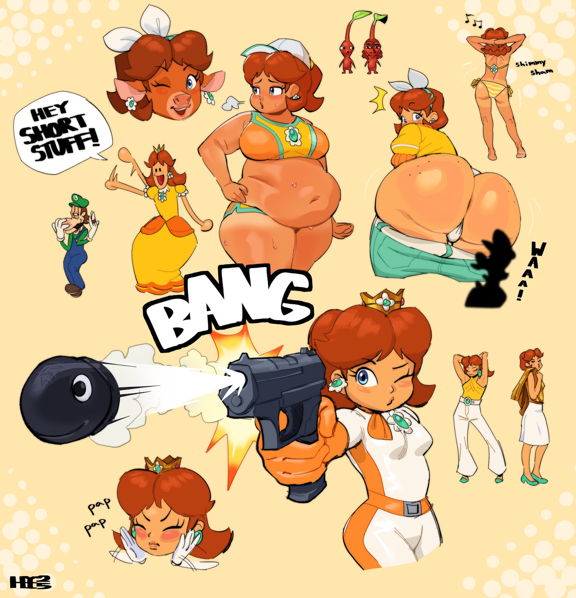 1boy, 1girls, anthro, ass, belly, big ass, big belly, biker clothes, bikini, bikini bottom, bikini top, blue eyes, blue overalls, breasts, brown hair, bullet bill, cattle, clothing, crown, dark skin, dialogue, dress, earrings, enormous ass, fat, fat ass, fat belly, fat female, female, firearm, footwear, gigantic ass, gigantic belly, green hat, green shirt, gun, handgun, handwear, hat, hhhyyyiii, huge ass, huge belly, human, large ass, light skin, light-skinned female, luigi, male, mario (series), mario kart, mario kart world, massive ass, massive belly, mature, mature female, mature male, musical note, nintendo, obese, obese female, official alternate costume, open mouth, orange dress, orange hair, overweight, overweight female, pants, pants down, pikmin, pikmin (species), pout, princess, princess daisy, princess daisy (aero), princess daisy (swimwear), princess daisy (touring), red pikmin, royalty, shirt, shoes, short shorts, smile, smiling, smiling at viewer, speech bubble, text, text bubble, thick ass, tomboy, voluptuous, voluptuous female, weapon, white pants, white skirt, winking at viewer