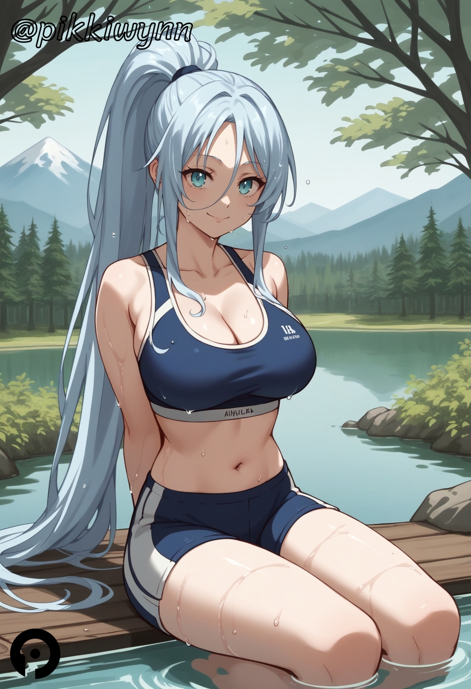 ai_generated arms_behind_back bare_arms bare_shoulders blue_eyes blue_shorts breasts cleavage closed_mouth collarbone crop_top day female gym_uniform hair_between_eyes large_breasts long_hair looking_at_viewer midriff mountain navel outdoors parted_bangs pikkiwynn ponytail river short_shorts shorts sidelocks sitting sleeveless smile soaking_feet solo sports_bra stomach sylpha tensei_shitara_dai_nana_ouji_dattanode,_kimamani_majutsu_o_kiwamemasu thighs tree very_long_hair water wet white_hair