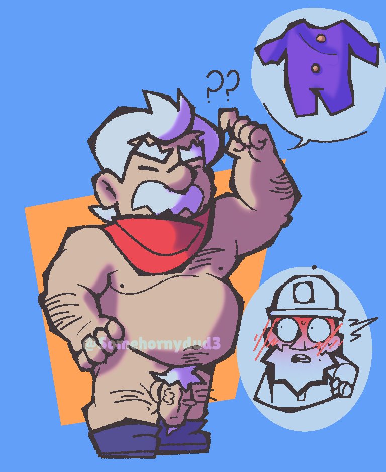 2boys belly belly_button blush bushy_eyebrows cartoony confused dynamike_(brawl_stars) eyebrows fat fat_man flaccid flaccid_penis gale_(brawl_stars) gay hair hairy hairy_arms large_eyebrows male_only moustache old_man pubic_hair question_mark scarf simple_background somehornydud3 tagme veiny_penis