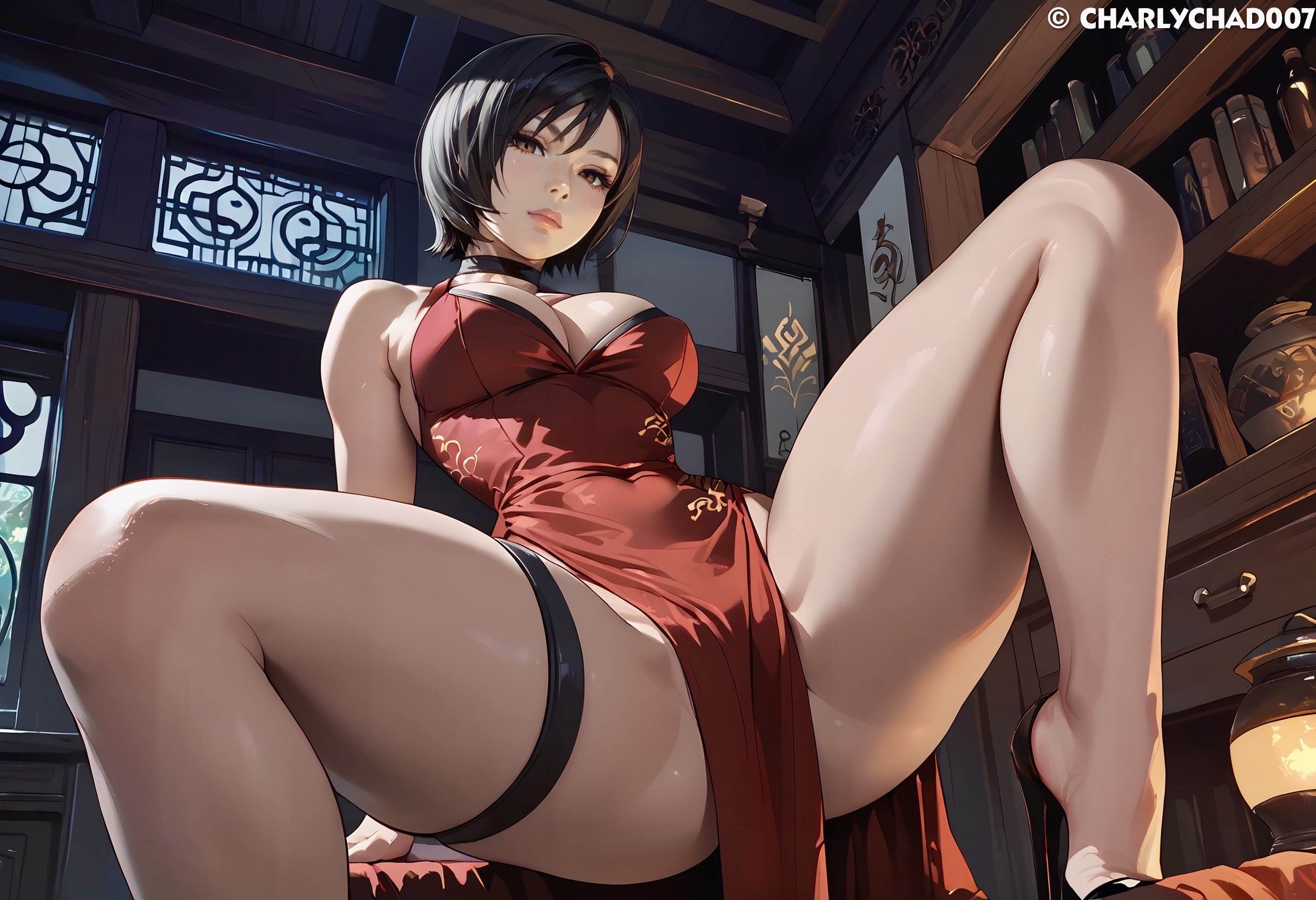 1girls, ada wong, ai generated, breasts, charlychad007, choker, dress, female, female only, legs apart, pelvic curtain, resident evil, resident evil 2, short hair, solo, spread legs, thick thighs, thigh strap