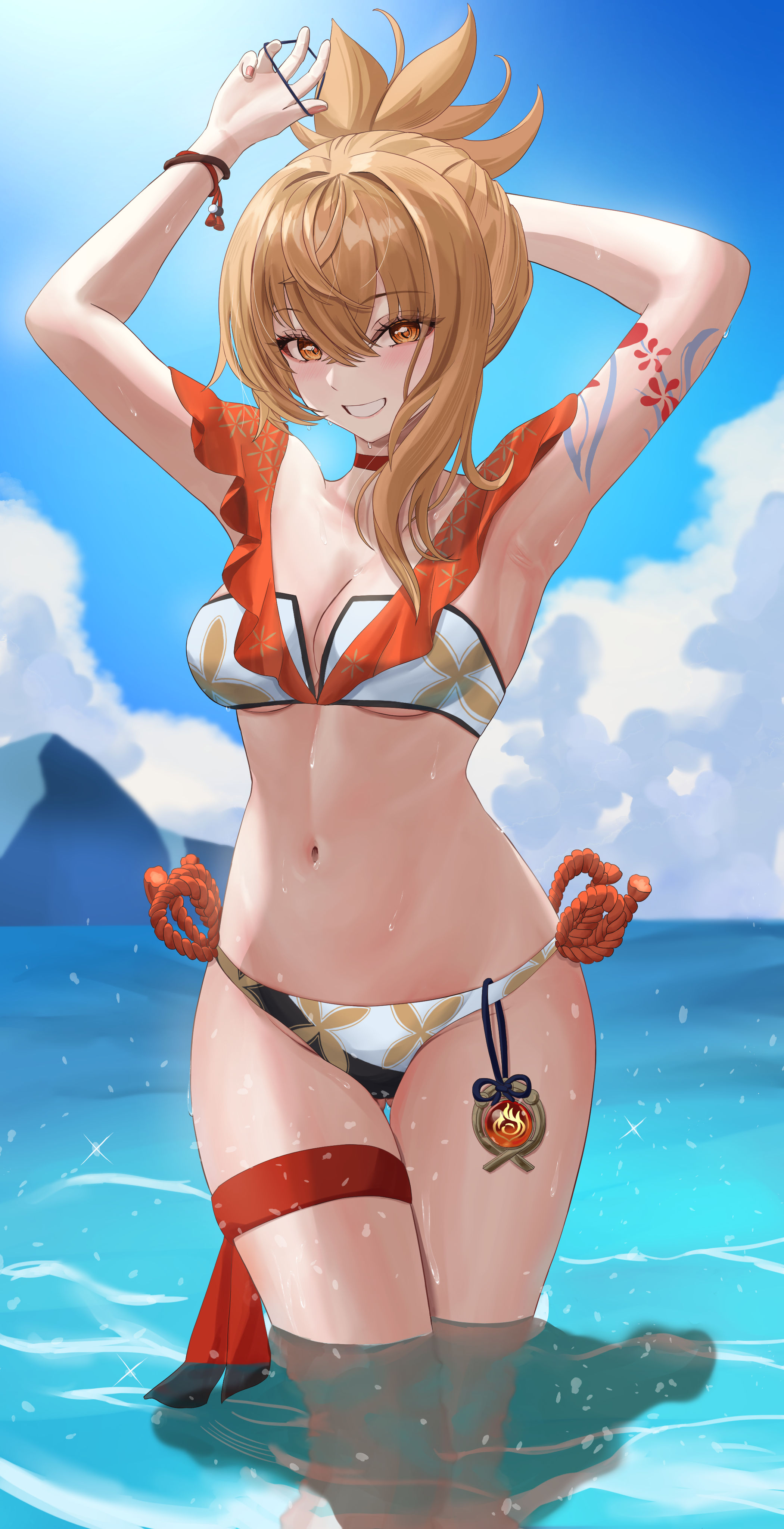 1girls, 2024, 2d, 2d (artwork), alternate costume, artist request, belly button, bikini, bikini bottom, bikini top, blonde hair, breasts, clouds, day, female, female focus, female only, front view, genshin impact, high resolution, highres, light skin, light-skinned female, looking at viewer, medium breasts, navel, ocean, orange eyes, sky, slim female, smiling, smiling at viewer, solo, solo female, solo focus, standing, standing in water, summer, swimsuit, tattooed arm, tattoos, thong, thong bikini, two piece swimsuit, water, wet, wet body, yoimiya (genshin impact), young, younger female