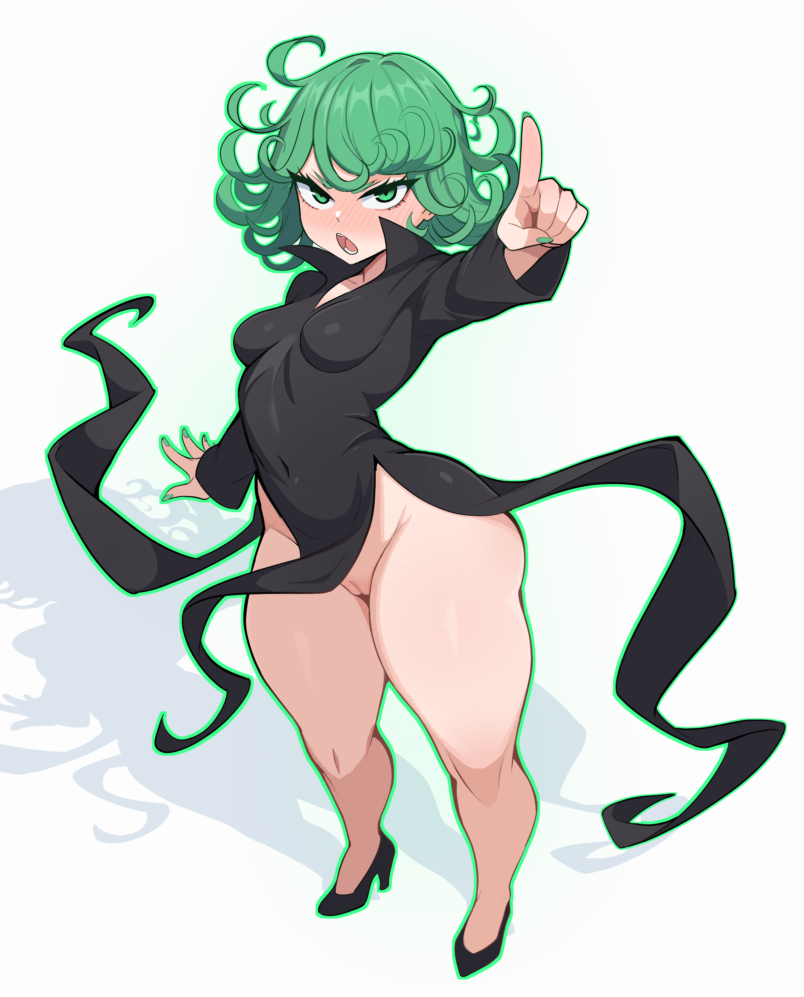 bottom heavy, bottomless, breasts, female, female focus, female only, green hair, light skin, light-skinned female, looking at viewer, maidcousin, no panties, one-punch man, pale skin, pale-skinned female, pussy, short hair, shortstack, small breasts, solo, solo female, solo focus, tatsumaki