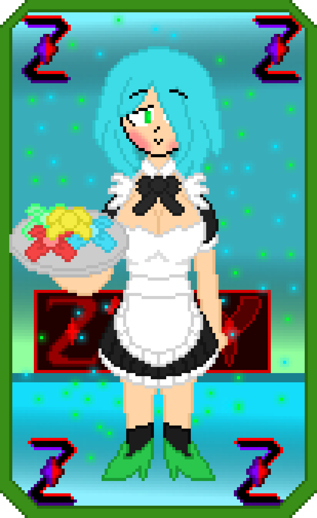 amber_lightvale background big_breasts black_socks blue_hair blush glitchtale green_hair green_shoes hair_covering_eye maid maid_outfit maid_uniform pixel pixel_art ribbon shoes short_hair transparent_background zixy