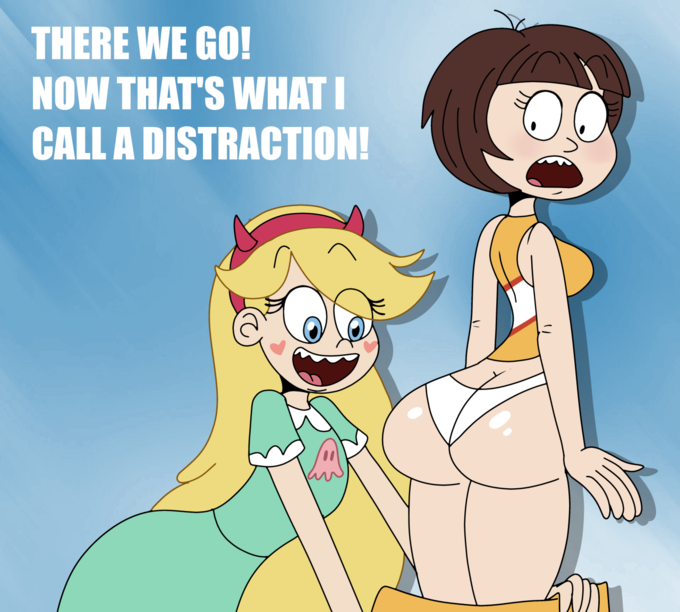 2girls ass ass_awe ass_cleavage big_ass blonde_hair blue_eyes blush brown_hair butt_crack chantelle cheerleader dat_ass disney disney_channel female_face_near_ass panties scobionicle99 skirt_pull star_butterfly star_vs_the_forces_of_evil straight_hair text thong