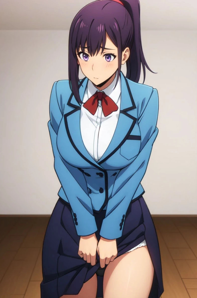 ai_generated asian asian_female bare_legs blush embarrassed huge_breasts huge_thighs large_breasts light-skinned_female light_skin looking_at_viewer lovehuwu panties ponytail purple_eyes purple_hair school_uniform schoolgirl solo_female solo_leveling sung_jin-ah sung_jin_ah thick_thighs thighs upskirt voluptuous voluptuous_female