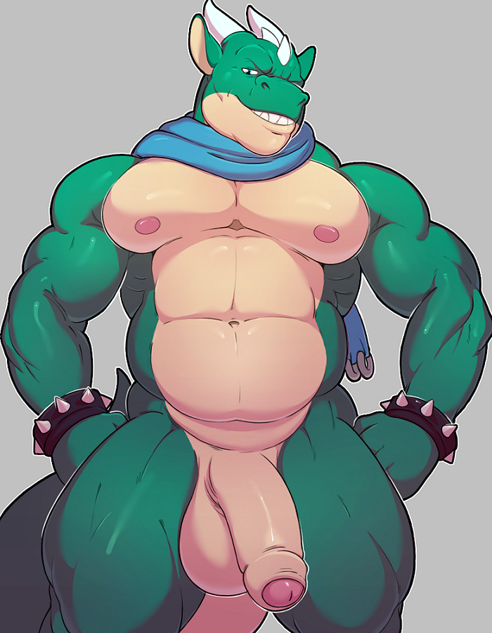 anthro dragon drakoneth grin knuxlight male_only musclechub muscular penis scalie scarf slightly_chubby smile spikes wide_hips