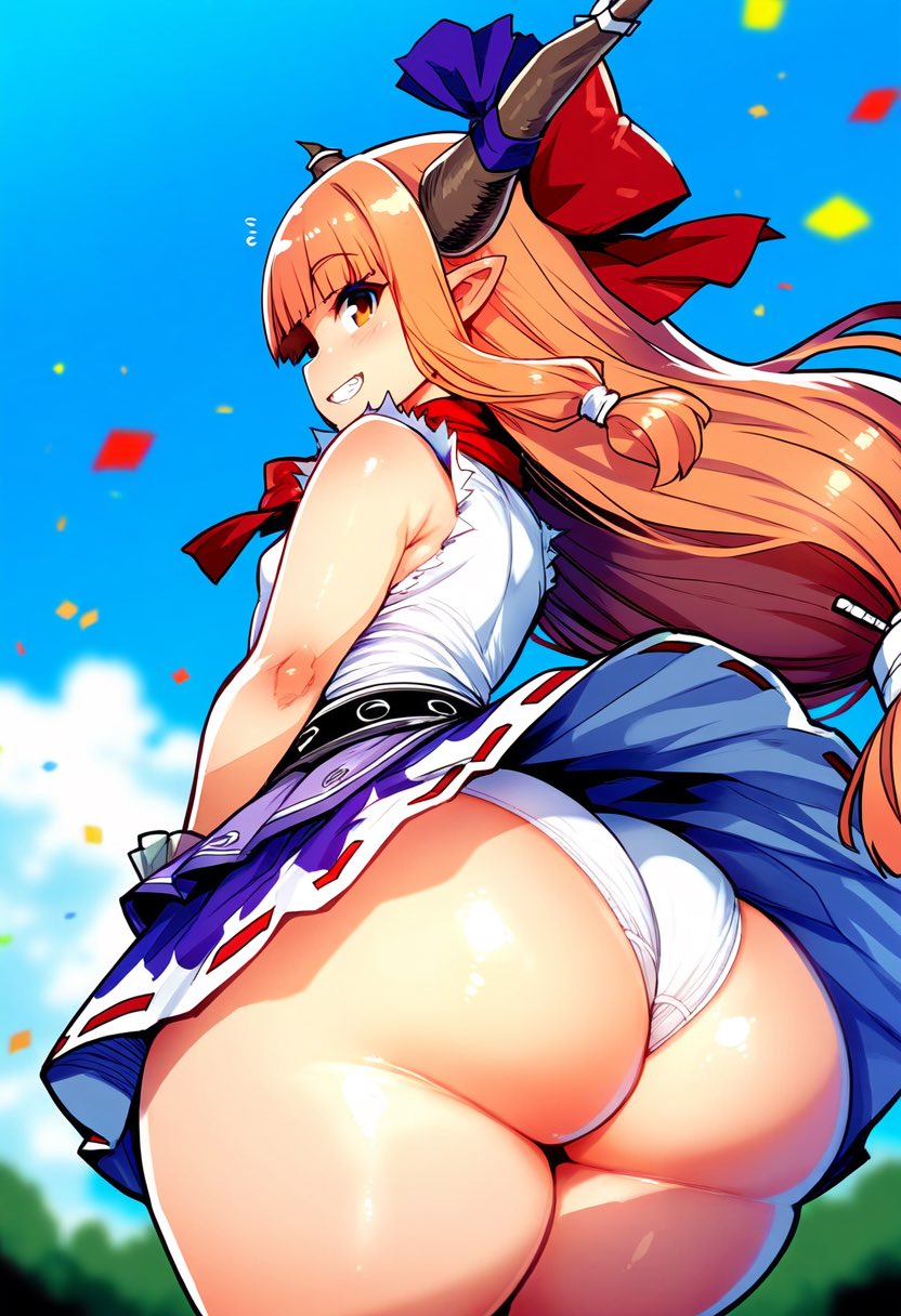 ai_generated ass big_ass big_butt ginger ginger_hair hime_cut horn_ribbon horns ibuki_suika long_hair mochipawg orange_eyes orange_hair purple_skirt red_ribbon ribbon smile smiling suika_ibuki thick_thighs touhou view_from_below viewed_from_below white_crop_top white_panties