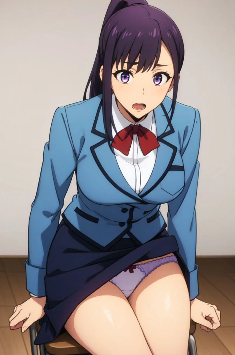 ai_generated asian asian_female bare_legs blush huge_breasts huge_thighs large_breasts light-skinned_female light_skin looking_at_viewer lovehuwu panties ponytail purple_eyes purple_hair school_uniform schoolgirl solo_female solo_leveling sung_jin_ah thick_thighs thighs upskirt voluptuous voluptuous_female