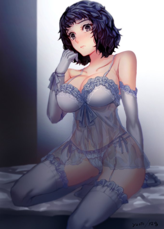 1girls, black hair, female, female only, garter straps, lingerie, megami tensei, nightgown, persona, persona 5, revealing clothes, sadayo kawakami, solo, solo female, solo focus, stockings, yaoto