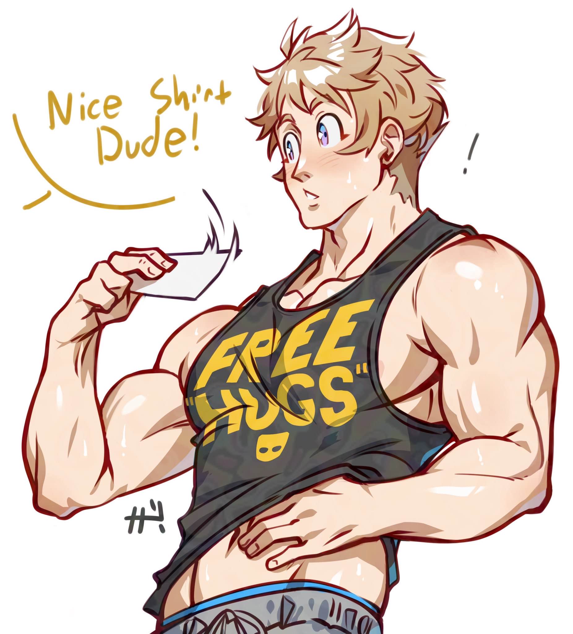 ! abs bara biceps big_chest big_pecs blonde_hair blue_eyes fanning_self gay grindr huge_chest huge_pecs lifting_shirt male male_only montaro_(sachuman) muscular muscular_male oc sachuman speech_bubble tank_top text wholesome