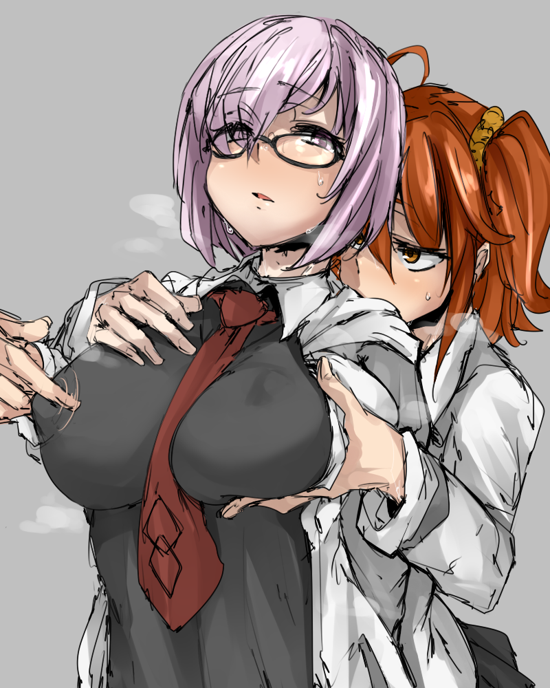 2girls blush breasts brown_eyes chaldea_uniform covered_nipples erect_nipples erect_nipples_under_clothes fate/grand_order fate_(series) female fujimaru_ritsuka_(female) glasses groping groping_breasts groping_from_behind groping_through_clothes heavy_breathing hood hooded_jacket jacket large_breasts mash_kyrielight mashu multiple_girls necktie nipple_play nipple_tweak orange_hair p_(tidoriashi) purple_eyes purple_hair red_necktie shielder_(fate) shielder_(fate/grand_order) short_hair side_ponytail solo sweat sweatdrop sweating sweaty sweaty_face sweaty_neck type-moon yuri