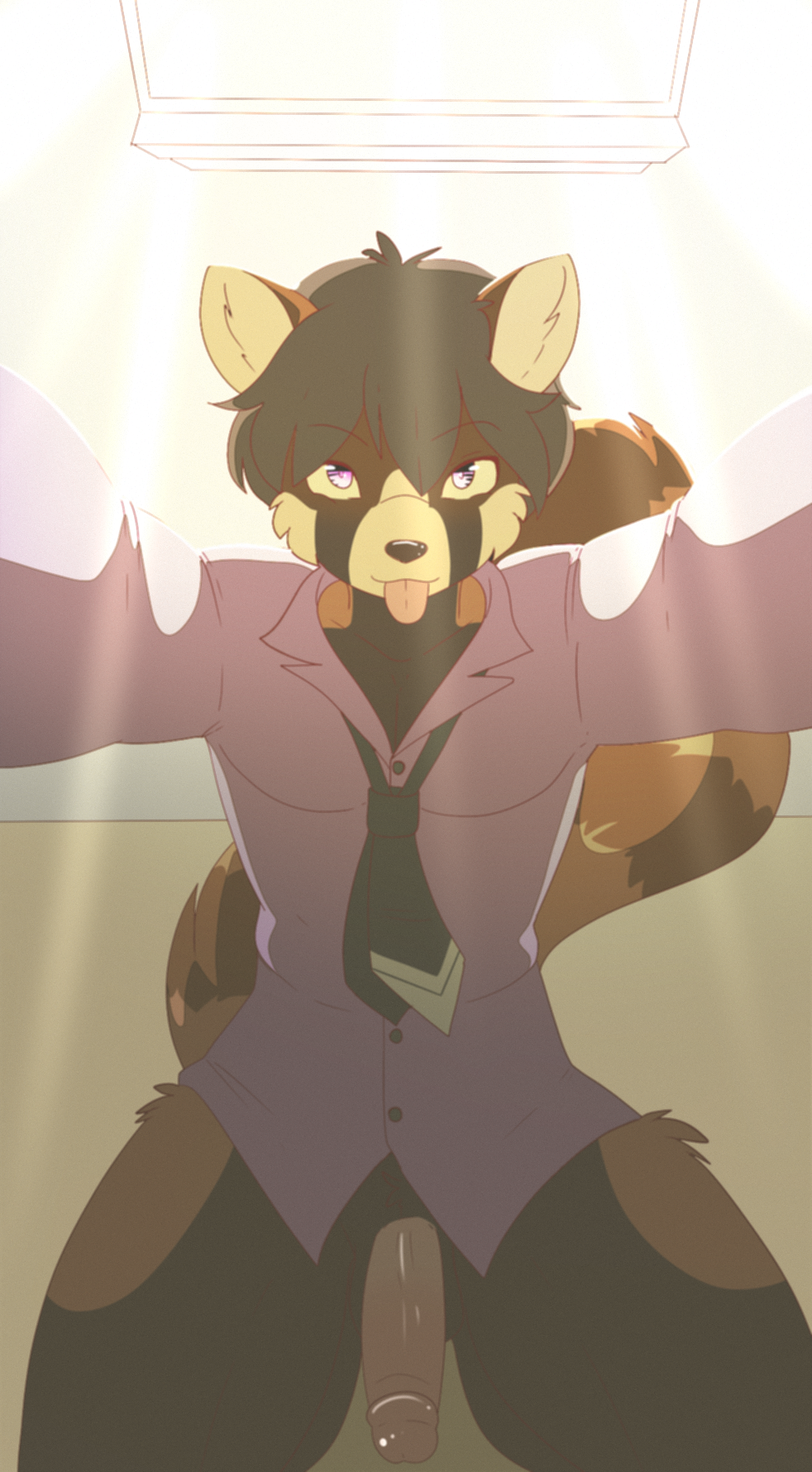 anthro bottomless brown_fur brown_hair clothed clothing erection fur hair inner_ear_fluff kneeling light looking_at_viewer male male_only mammal munks_(artist) necktie orange_fur penis purple_eyes red_panda riley selfie shirt solo tongue tongue_out unprofessional_behavior window work