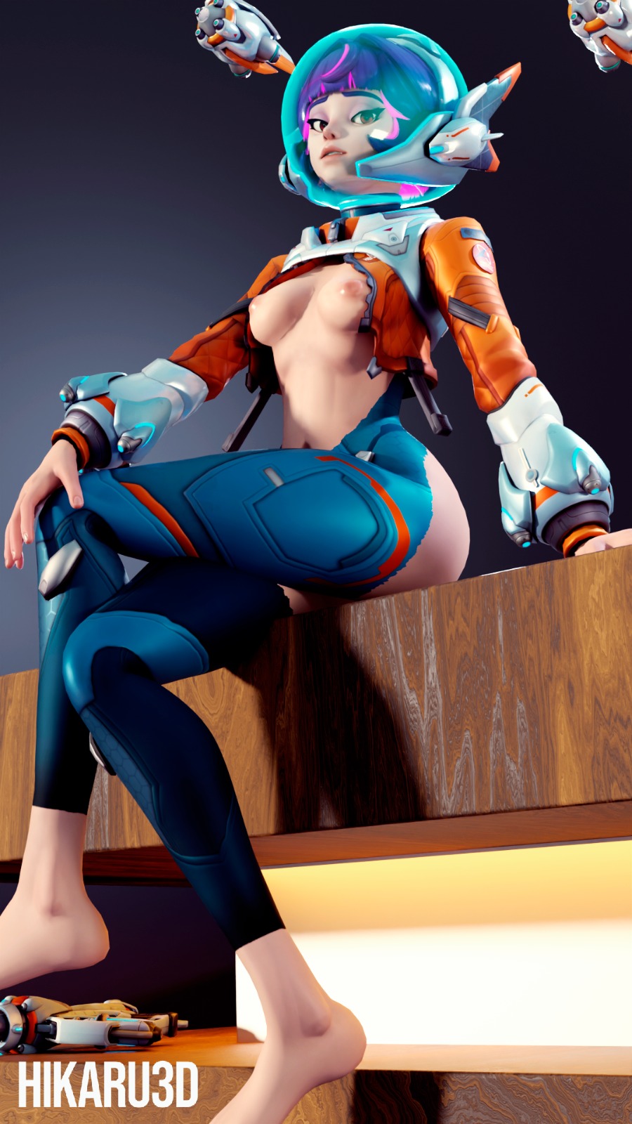 3d, female, hikaru3d, juno (overwatch), naked, naked female, overwatch, overwatch 2, sitting, sweat