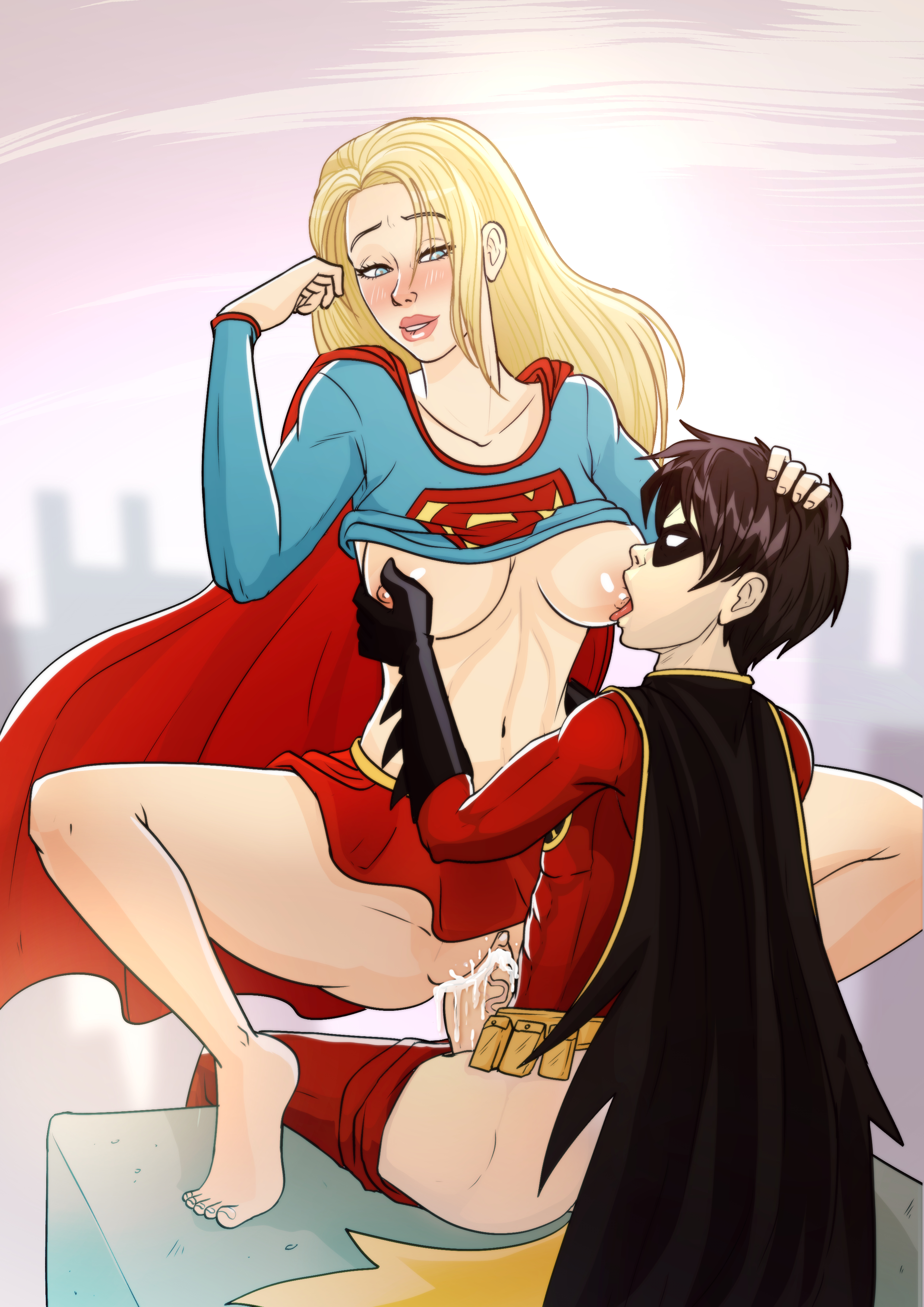1boy, 1girls, age difference, artist request, barefoot, batman (series), blonde hair, blue eyes, blush, breasts, clothing, costume, cowgirl position, cum, cum in pussy, cum shot, dc, dc comics, duo, feet, female, groping, human, human only, kara zor-el, kryptonian, large breasts, light skin, light-skinned female, light-skinned male, male, mask, nipple tweaking, oral, pussy, red robin, sex, size difference, skirt, straight, supergirl, superman (series), tim drake, wet