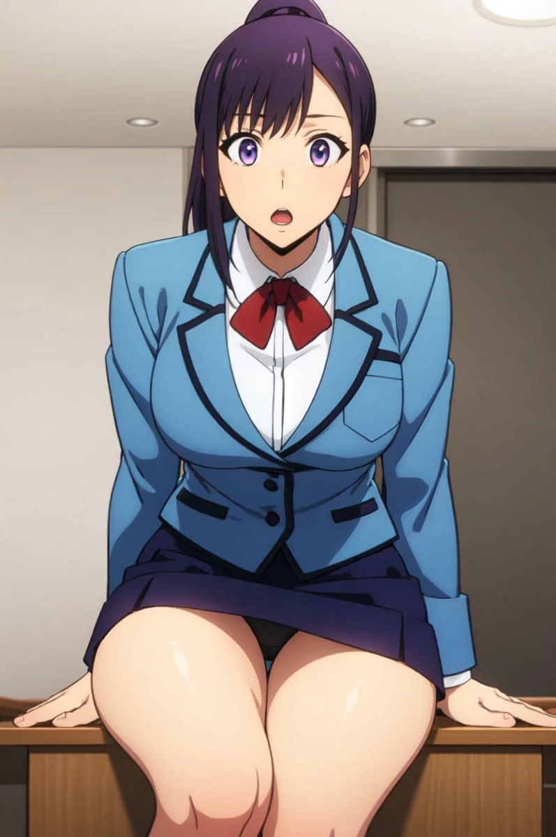 ai_generated asian asian_female blush huge_breasts huge_thighs large_breasts light-skinned_female light_skin looking_at_viewer lovehuwu panties ponytail purple_eyes purple_hair school_uniform schoolgirl solo_female solo_leveling sung_jin-ah sung_jin_ah thick_thighs thighs voluptuous voluptuous_female