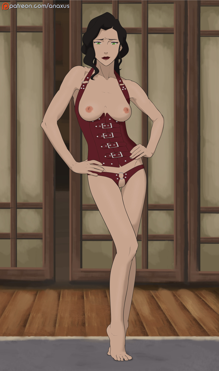 1girls, anaxus, artist name, asami sato, avatar the last airbender, barefoot, black hair, breasts, clothing, corset, feet, female, female only, green eyes, high resolution, hips, human, legs, lipstick, long hair, looking at viewer, makeup, medium breasts, nickelodeon, nipples, panties, pantsu, patreon, patreon logo, red panties, red underwear, solo, standing, the legend of korra, thighs, toes, underwear, web address