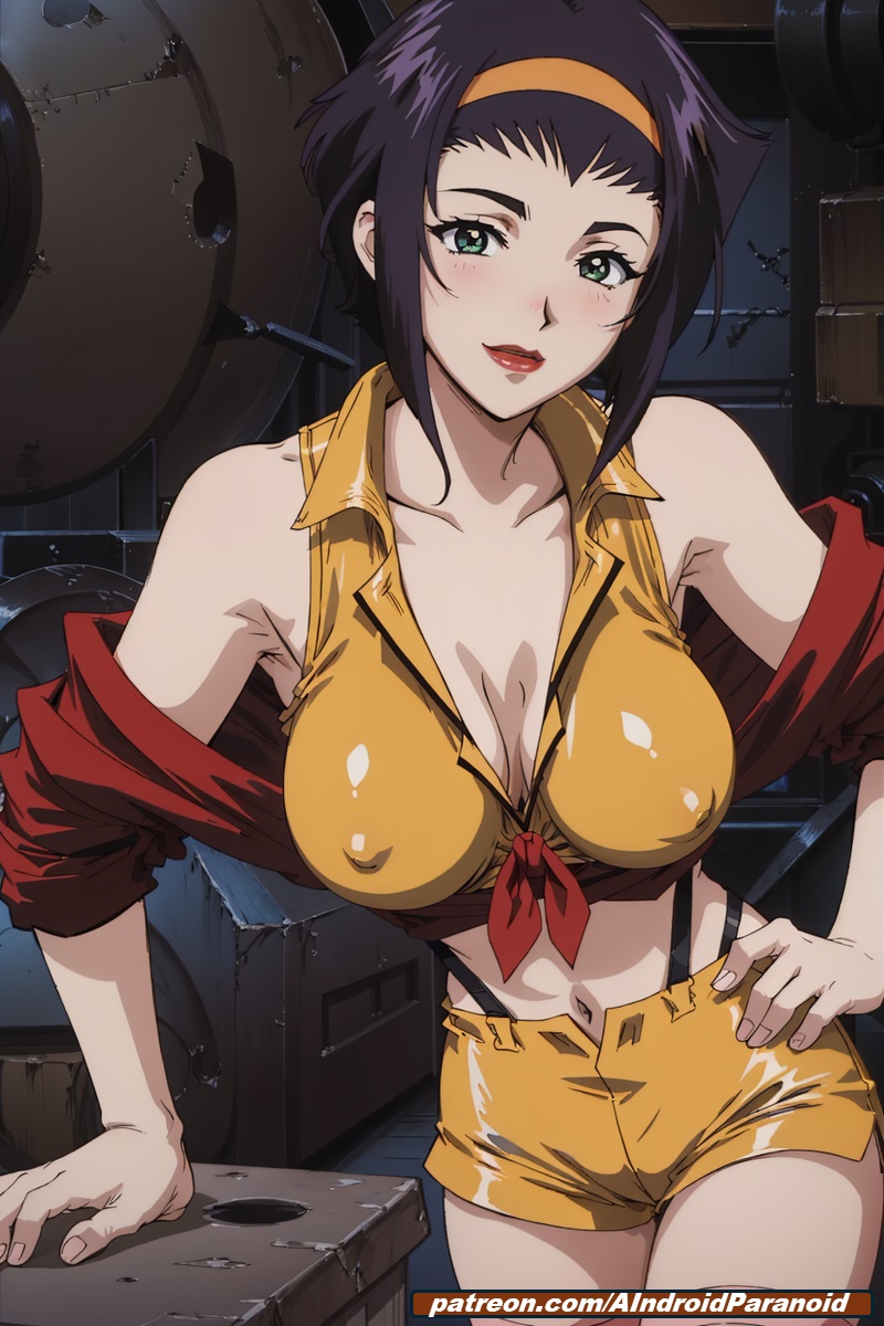 1girls, ai generated, aindroidparanoid, ass, big ass, big breasts, breasts, cleavage, cowboy bebop, faye valentine, female, green eyes, hairband, huge ass, huge breasts, huge butt, human, indoors, large ass, large breasts, large butt, light skin, light-skinned female, narrow waist, nipples, pale skin, pale-skinned female, purple hair, short hair, stable diffusion, tight clothes