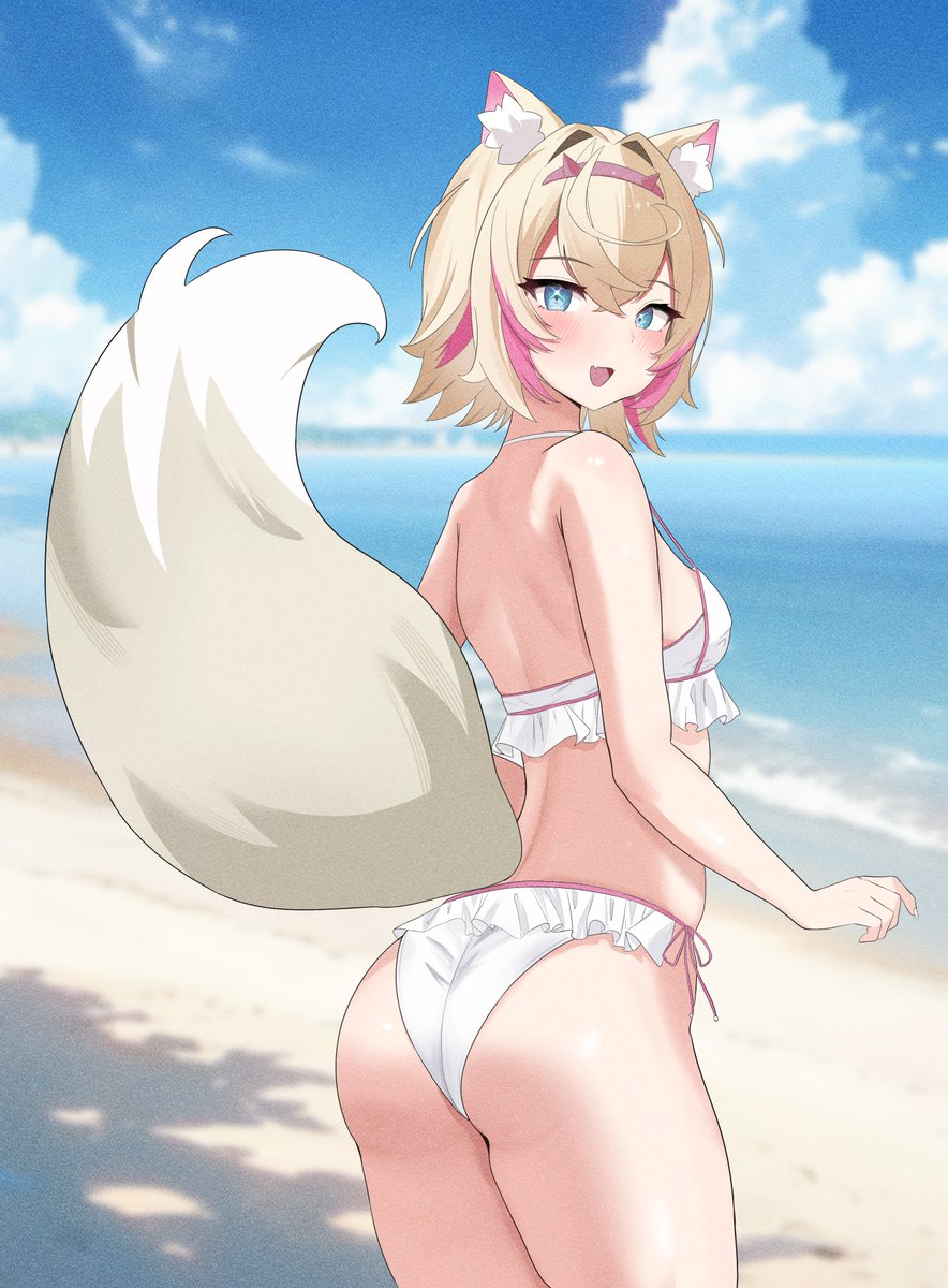 1girls, 2d, 2d (artwork), alternate costume, animal ears, animal tail, artist request, back view, beach, blonde hair, blue eyes, bra, breasts, clouds, day, female, female focus, female only, hololive, hololive english, hololive english -advent-, light skin, light-skinned female, looking at viewer, looking back, looking back at viewer, mococo abyssgard, ocean, outdoors, pink hair, sky, slim female, small breasts, smiling, smiling at viewer, solo, solo female, solo focus, standing, summer, thong, thong bikini, two-tone hair, virtual youtuber, vtuber, vtuberfanart, white bikini, white bikini bottom, white bikini top, white swimsuit, young, younger female