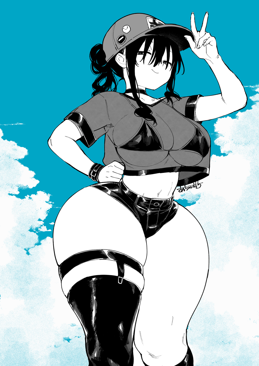 achumuchi ass bare_shoulders bikini breasts erotic_x_anabolic female glasses guard_rail hat highres huge_ass inui_achu large_breasts long_hair mitsukura_itsuha monochrome original see-through shoes short_shorts shorts solo thick_thighs thighs wide_hips