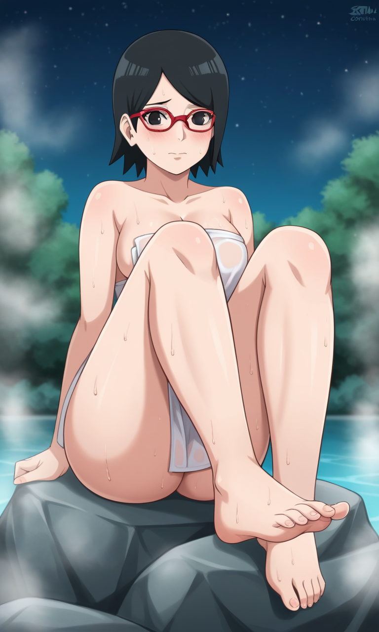 ai_generated barefoot bigmic145 black_eyes black_hair boruto:_naruto_next_generations breasts cleavage clothed clothed_female clothing feet female female_only foot_fetish glasses medium_breasts naked_towel naruto naruto_(series) sarada_uchiha shorts solo solo_female