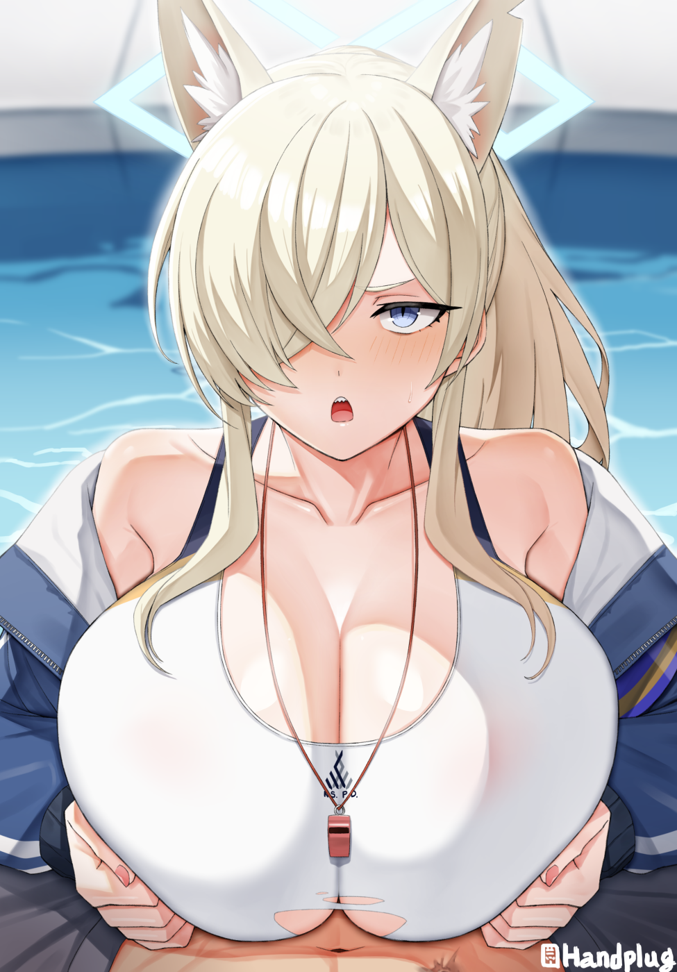 animal_humanoid areola big_breasts blonde_hair blue_archive blush breast_play breasts cleavage clothed clothing female hair hair_over_eye handplug hi_res humanoid kanna_(blue_archive) male male/female open_mouth paizuri pupils sex swimwear titfuck titfuck_under_clothes titjob torn_clothing water