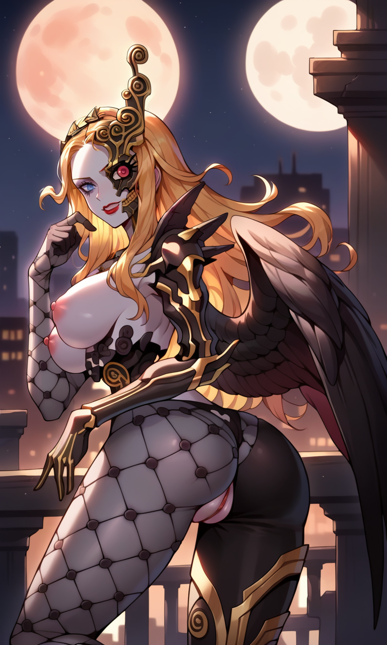 1girls ai_generated ass big_ass big_breasts blonde_hair blue_eyes breasts demon demon_girl exposed exposed_ass exposed_breasts exposed_pussy female female_only large_ass large_breasts long_hair megami_tensei moon naamah_(megami_tensei) night nipples nude nude_female pussy shin_megami_tensei shin_megami_tensei_v shin_megami_tensei_v:_vengeance single_mechanical_eye stable_diffusion wings