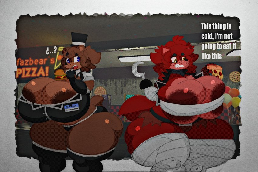 absurd_res animatronic anthro bear belt big_breasts blue_eyes breasts burger canid canine clothing conditional_dnp dialogue duo english_text female fexa five_nights_at_freddy's food fox foxy_(cally3d) foxy_(fnaf) freddy_(fnaf) fredina's_nightclub fredina_(cally3d) frenni_fazclaire hat headgear headwear hi_res hook hook_hand huge_breasts hyper hyper_breasts legwear lustyknightdraws machine mammal panties pizza question_mark robot rule_63 scottgames text thick_thighs thigh_highs top_hat underwear