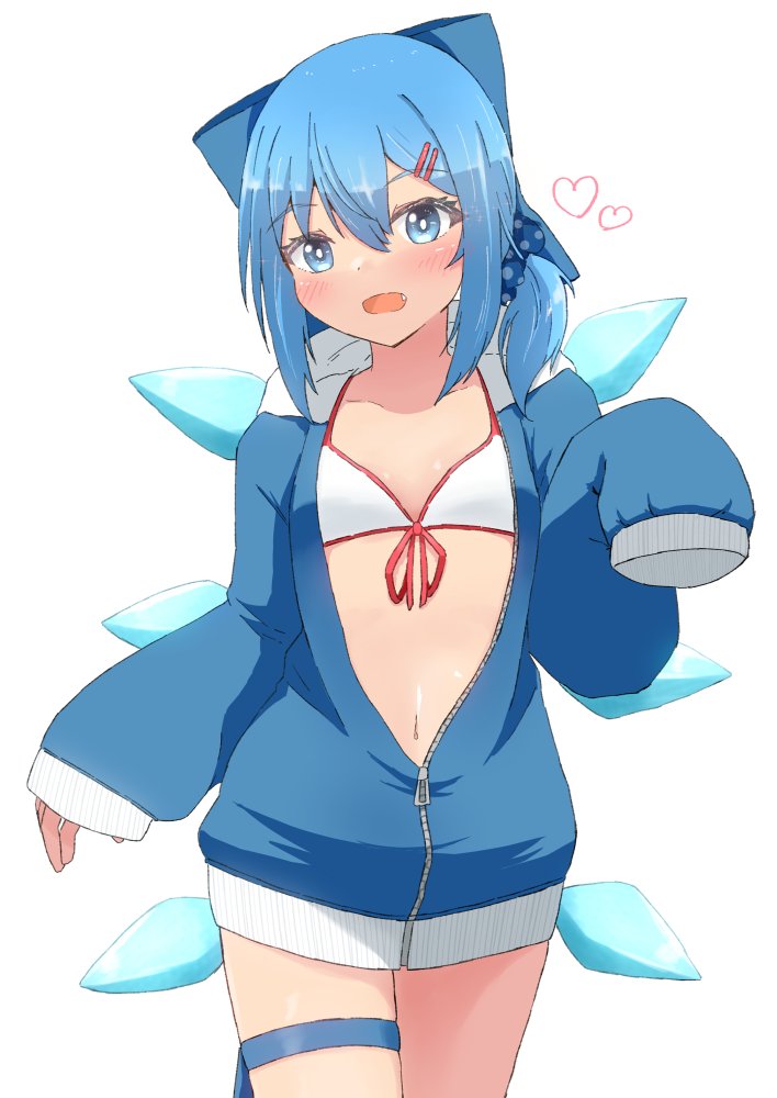 alternate_costume bikini bikini_under_clothes blue_bow blue_eyes blue_hair blue_hoodie blue_ribbon bow breasts cirno collarbone cowboy_shot female head_tilt hood hoodie ice ice_wings leg_ribbon long_sleeves looking_at_viewer mizune_(winter) navel partially_unzipped puffy_sleeves ribbon simple_background sleeves_past_fingers sleeves_past_wrists small_breasts swimsuit thigh_strap touhou white_background white_bikini wings zipper_pull_tab