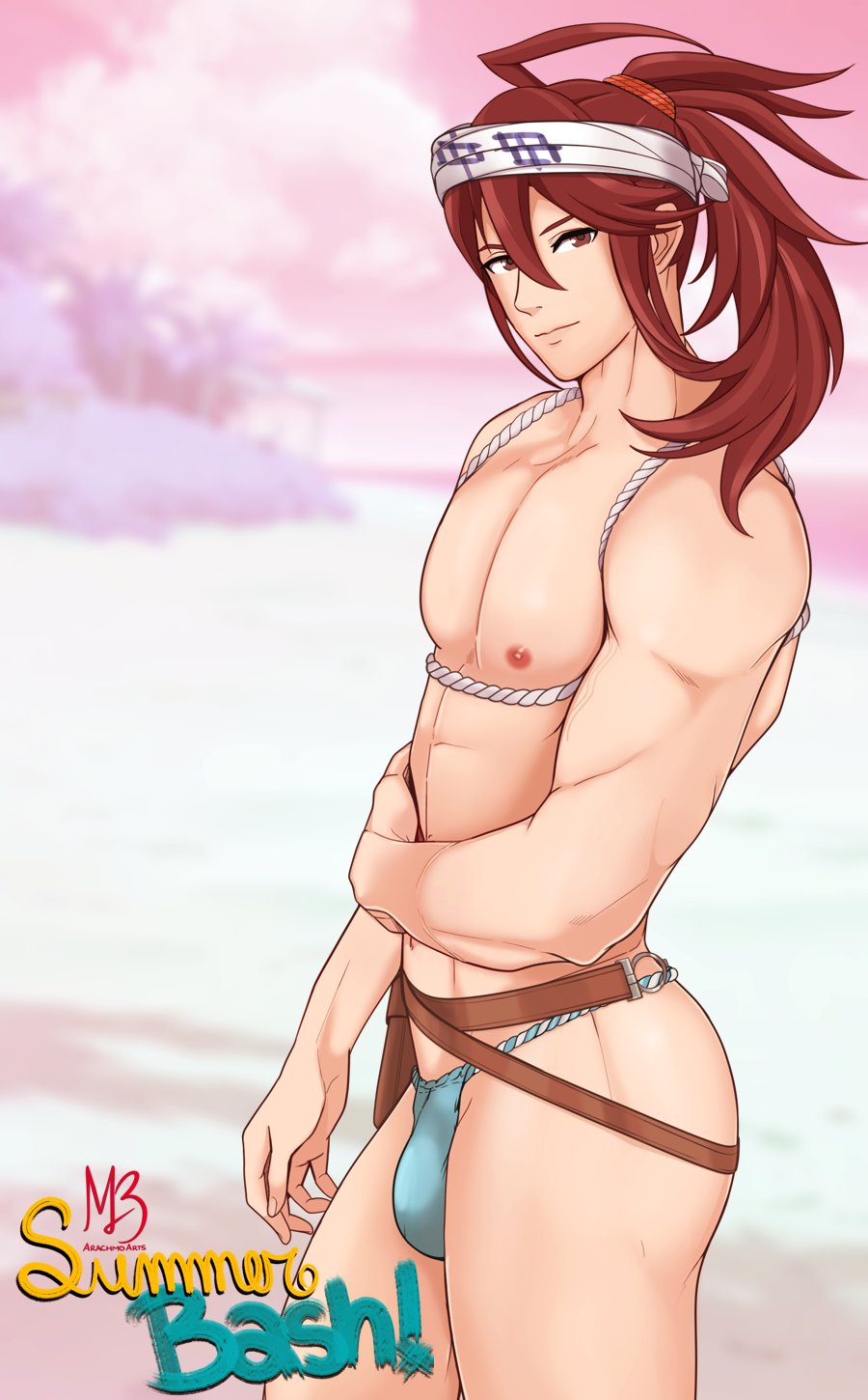 1boy ahoge arachmo fire_emblem fire_emblem_fates hair_between_eyes highres japanese_clothes long_hair looking_at_viewer male male_focus male_only muscular muscular_male nintendo ponytail red_eyes red_hair sidelocks solo subaki_(fire_emblem)