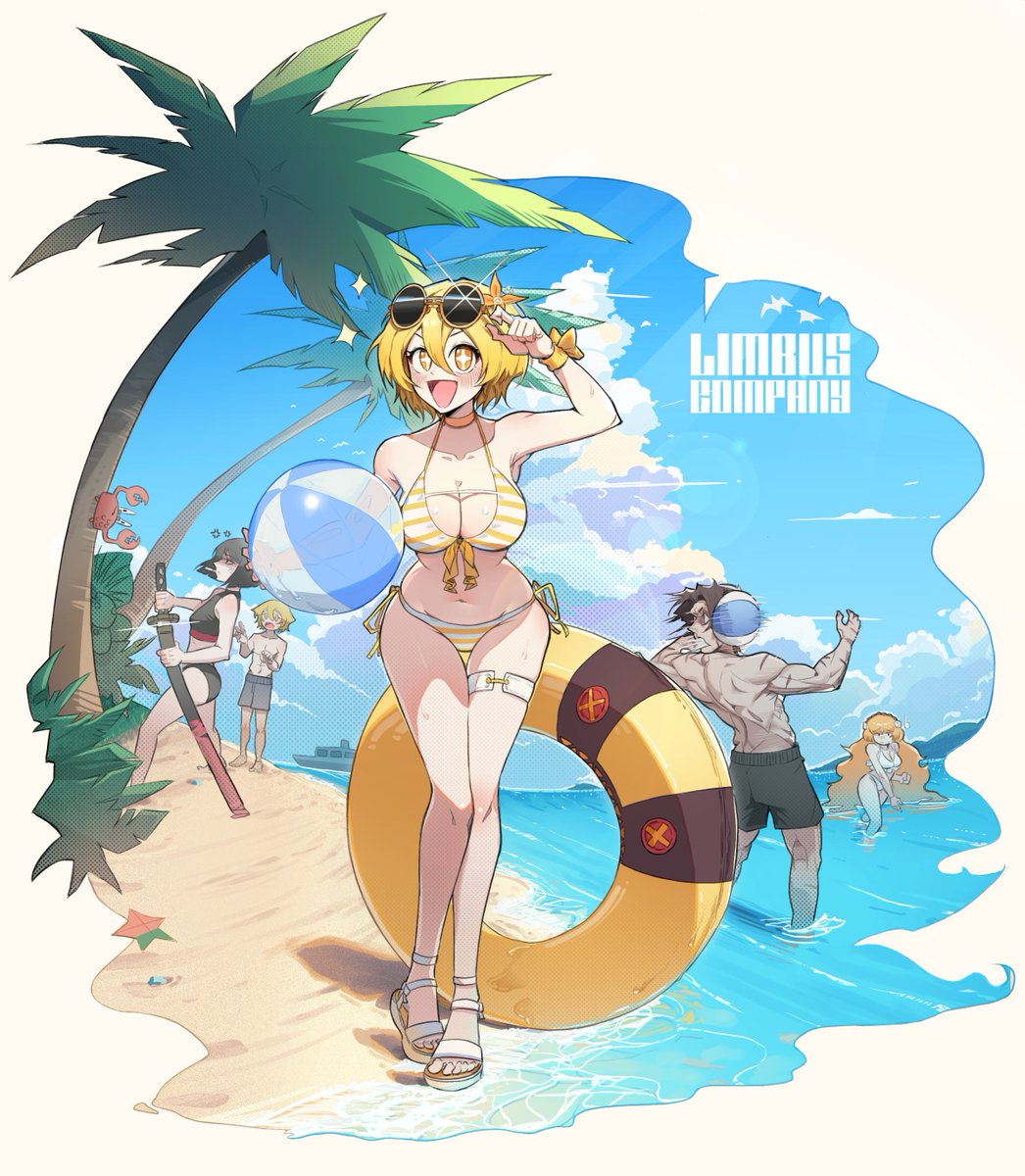 2boys, 3girls, arm up, beach, beach ball, bikini, black bikini, black male swimwear, black shorts, blonde hair, blue male swimwear, blush, bow, breasts, brown hairband, cleavage, cloud, crab, don quixote (limbus company), don quixote (project moon), eyewear on head, glint, hairband, hairbow, heathcliff (limbus company), heathcliff (project moon), highres, innertube, ishmael (limbus company), ishmael (project moon), jeehyung seo, katana, large breasts, limbus company, long hair, looking at viewer, male swimwear, multiple boys, multiple girls, ocean, open mouth, orange hair, palm tree, project moon, rope, ryoshu (limbus company), ryoshu (project moon), scar, scar on arm, scar on back, scar on hand, shorts, sinclair (limbus company), sinclair (project moon), smile, sparkling eyes, striped bikini, striped clothes, sunglasses, swim ring, swimsuit, sword, thigh strap, tree, very long hair, weapon, white bikini, white bow, yellow bikini, yellow eyes
