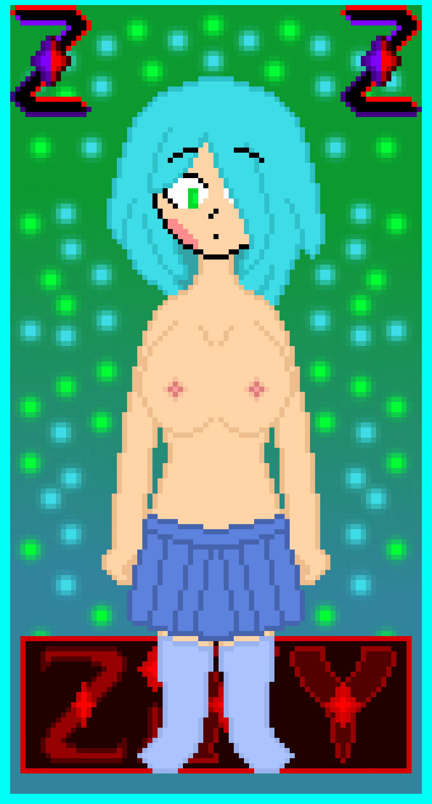 amber_lightvale background blue_hair blue_skirt blue_socks blush breasts breasts glitchtale green_eyes hair_covering_eye nipples pixel pixel_art short_hair skirt zixy