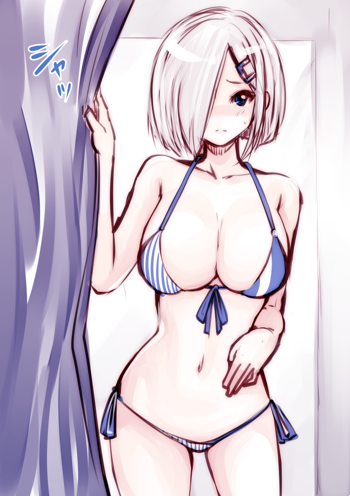 bikini blue_eyes breasts cleavage curtains dressing_room female hair_ornament hair_over_one_eye hairclip hamakaze_(kantai_collection) kantai_collection large_breasts looking_at_viewer navel short_hair silver_hair solo souryu striped striped_bikini swimsuit