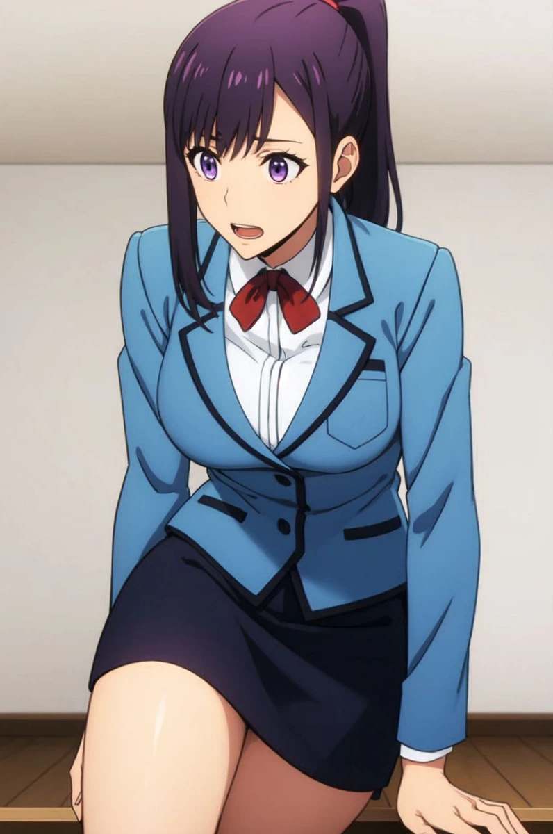 ai_generated asian asian_female bare_legs huge_breasts huge_thighs large_breasts light-skinned_female light_skin lovehuwu ponytail purple_eyes purple_hair school_uniform schoolgirl solo_female solo_leveling sung_jin_ah thick_thighs thighs voluptuous voluptuous_female