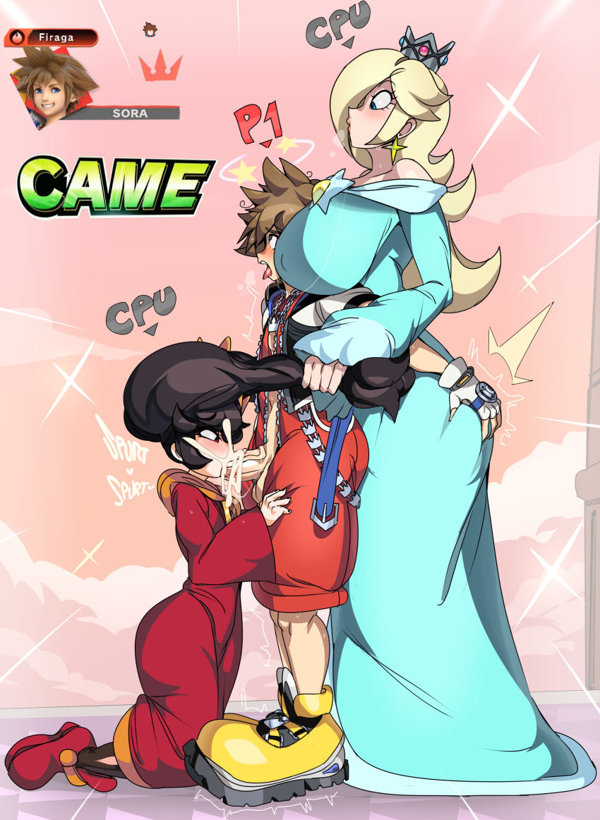 1boy 2girls ashley_(warioware) ass_grab assisted_fellatio black_hair blonde_hair blowjob brown_hair captain_kirb clothed_sex crossover crown cum cum_in_mouth cum_inside double_domination fully_clothed_female gameplay_mechanics grabbing_hair hair_grab hair_pull hair_pulling handlebars k.o. kingdom_hearts larger_female light-skinned_female light-skinned_male light_skin looking_pleasured mario_(series) orgasm princess_rosalina reverse_forced_oral sora submissive_male super_mario_bros. super_mario_galaxy super_smash_bros. threesome trembling twintails warioware