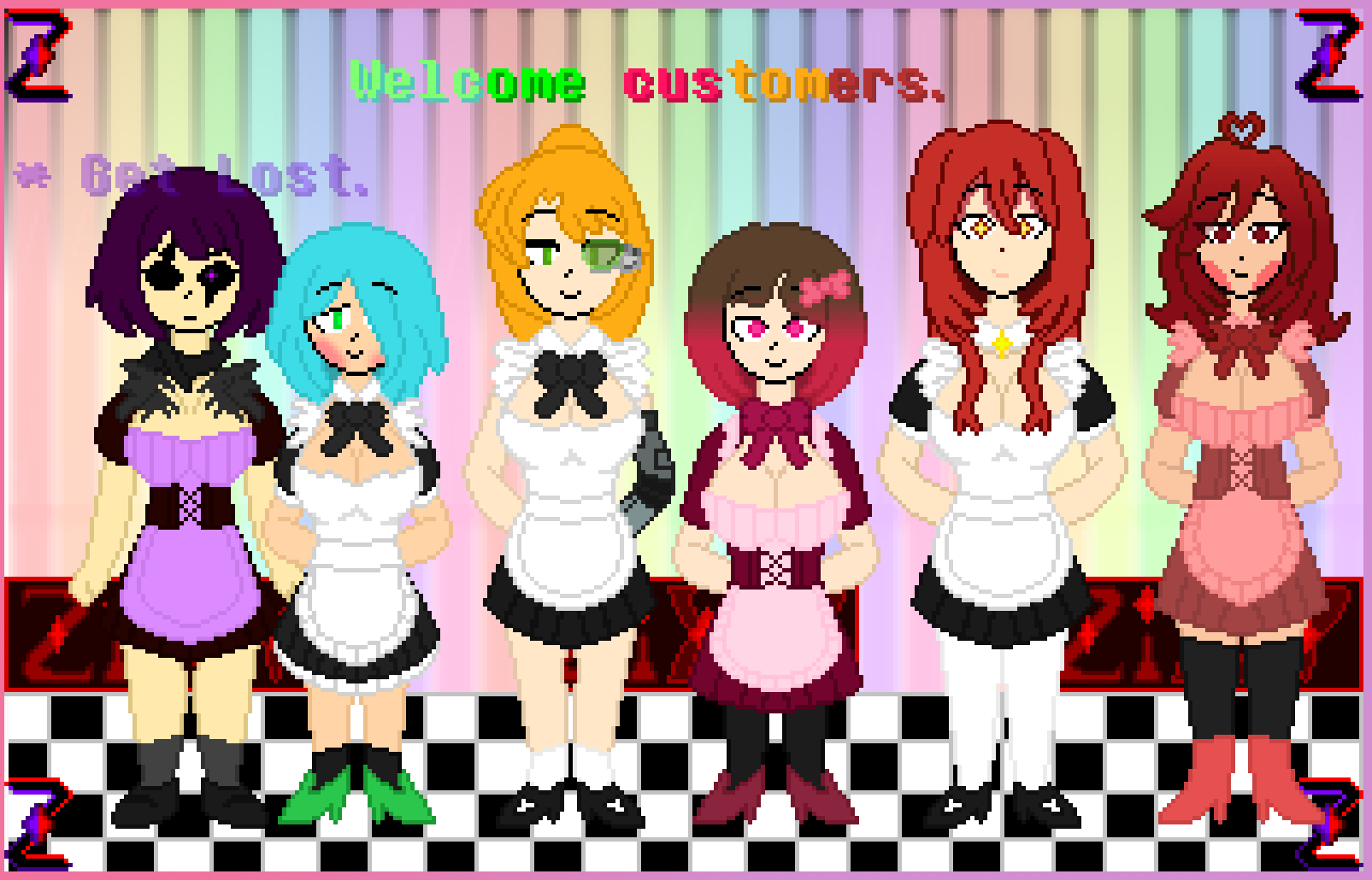 ahia alisha alisha_ahsila amber_lightvale background bete_noire betty_noire big_breasts black_eyes black_hair black_shoes black_socks black_thighhighs blonde_hair blue_hair blush brown_hair cyborg dark_zixy elia eye_covered glitchtale green_eyes green_shoes long_hair maid maid_uniform pink_eyes pixel pixel_art red_hair red_shoes ribbon robotic_arm scouter shoes short_hair thighhighs tinted_eyewear violet_eyes white_socks white_thighhighs yellow_eyes z!betty zixy