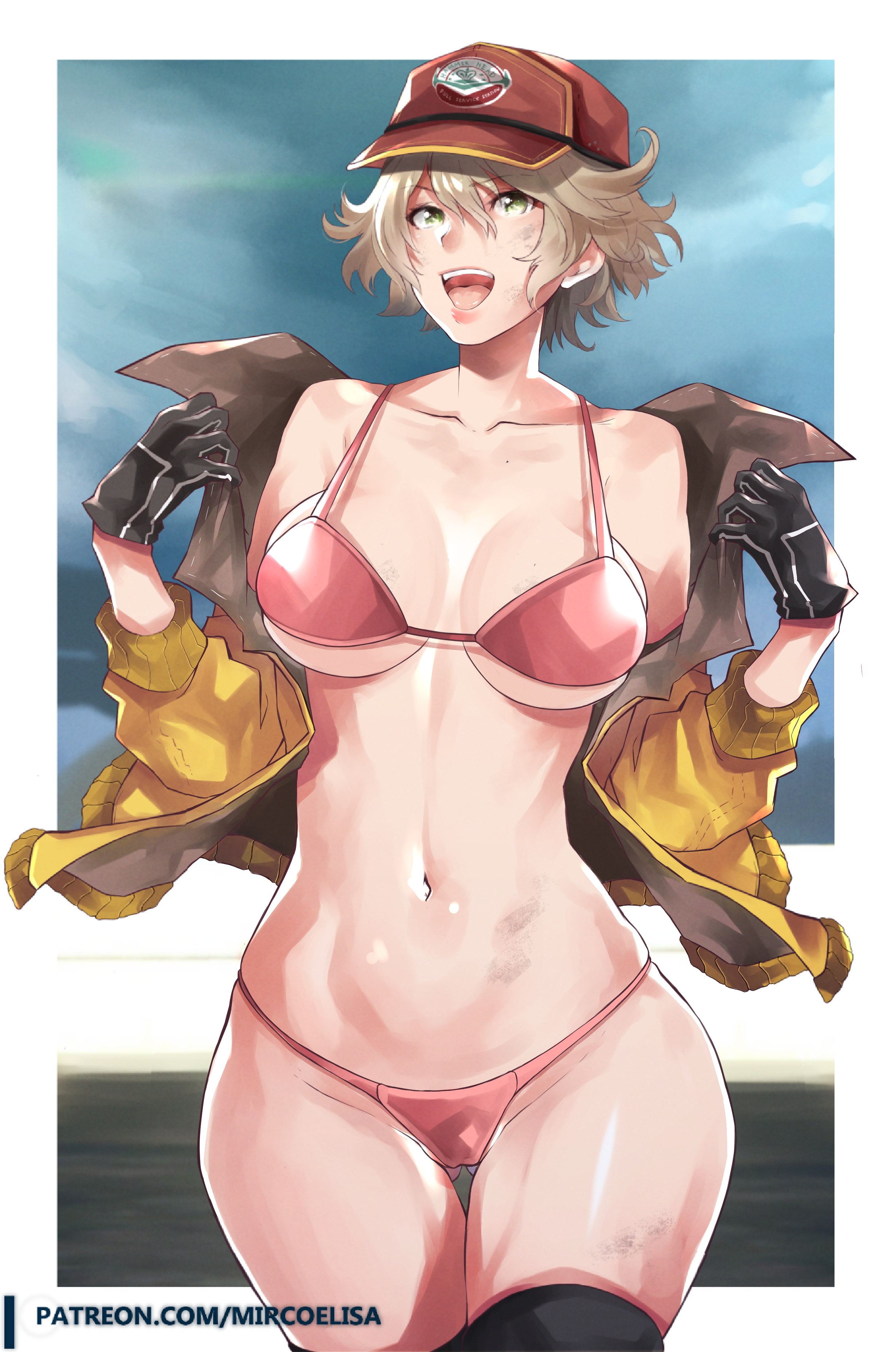 baseball cap, bikini, black gloves, blonde hair, cindy aurum, female, female only, final fantasy, final fantasy xv, gloves, green eyes, jacket, open mouth, short hair, solo, yo-nashi
