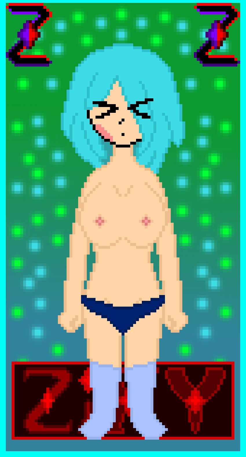 amber_lightvale background big_breasts big_breasts blue_hair blue_panties blue_socks blush breasts breasts closed_eyes glitchtale nipples panties pixel pixel_art short_hair zixy