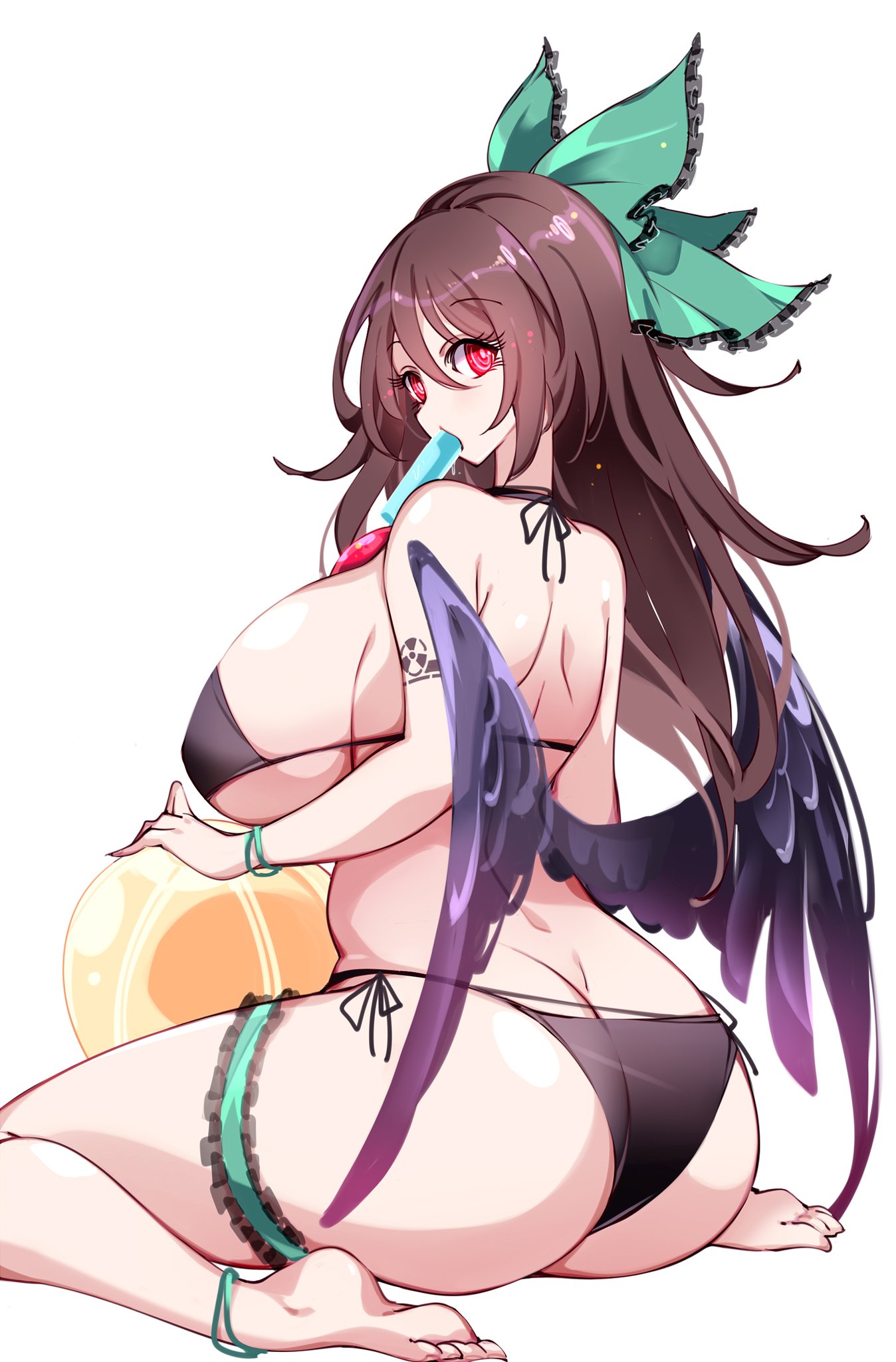 1girls ass back_view beach_ball big_breasts bikini black_hair breasts butt_crack dat_ass feet light-skinned_female long_hair popsicle popsicle_in_mouth raptor7 red_eyes sideboob solo solo_female thick_thighs thighs touhou underboob utsuho_reiuji white_background wings