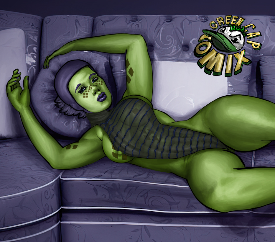 1girls barriss_offee big_breasts breasts female green_cap_comix green_skin mirialan nipples nipples_visible_through_clothing on_side sitting sofa solo star_wars tattoo translucent_clothing