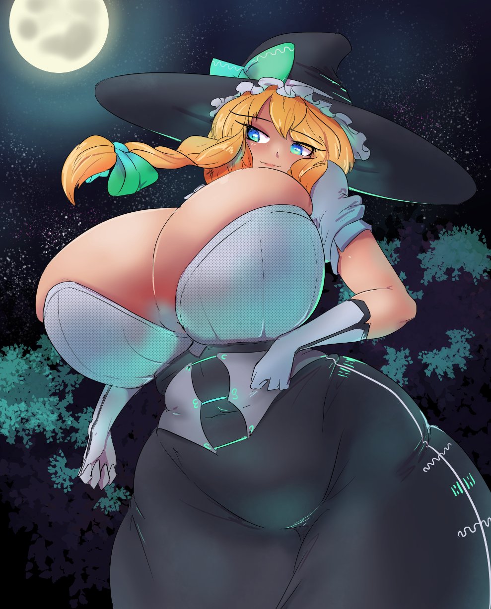 1girls big_breasts blonde_hair blue_eyes breasts breasts_bigger_than_head cleavage clothed_female detailed_background dress female female_only greenm huge_breasts light-skinned_female light_skin long_gloves long_hair looking_away marisa_kirisame moon night night_sky sky solo thighs_bigger_than_head touhou trees wide_hips witch witch_hat