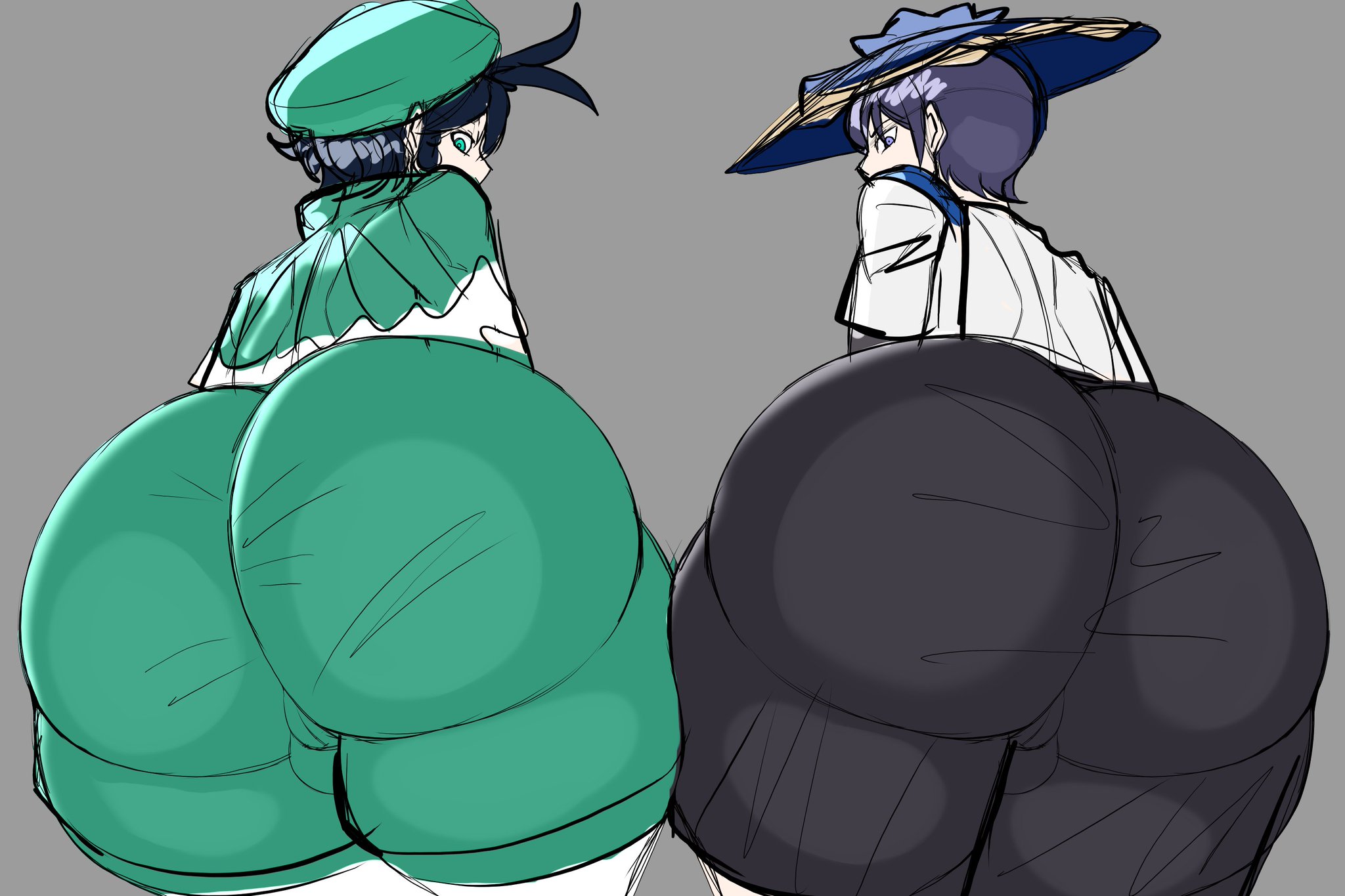 2boys, ass, ass bigger than head, ass focus, babyhunt4, backsack, balls, ballsack, behind view, big ass, black hair, blue eyes, blue hair, bubble ass, bubble butt, clothing, curvaceous, curvy, curvy figure, da ra ra ra, femboy, fully clothed, genshin impact, girly, green eyes, hat, huge ass, hyper ass, looking back, male, male only, perineum, scaramouche (genshin impact), short hair, tagme, thick thighs, venti (genshin impact)