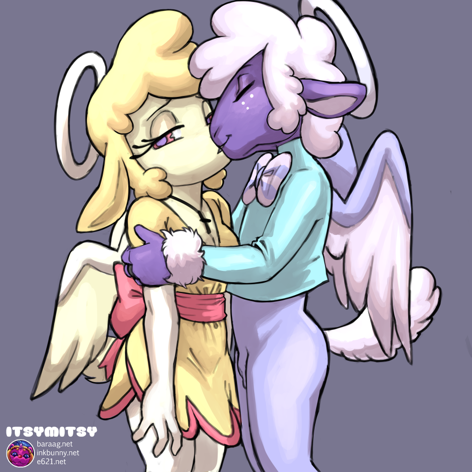 1:1 2025 angel animal_genitalia anthro artist_name back_wings balls biped black_eyebrows blonde_hair blue_clothing blue_shirt blue_topwear bottomless bottomless_anthro bottomless_male bovid bow_tie breasts caprine cherub cleavage clothed clothed_anthro clothed_female clothing collin_(helluva_boss) cross cross_necklace digit_ring dress duo eyebrows eyelashes feathered_wings feathers female female_anthro finger_ring freckled_face freckles fully_sheathed fur genitals grey_background hair half-closed_eyes halo helluva_boss intraspecies itsymitsy jewelry keenie kiss_on_lips kissing long_sleeves male male/female male_anthro mammal medium_breasts multicolored_bow_tie multicolored_clothing multicolored_dress narrowed_eyes necklace pink_clothing pink_dress pink_eyes pupils purple_balls purple_body purple_bow_tie purple_ears purple_fur purple_pupils purple_sheath purple_wings sheath sheep shirt short_sleeves simple_background snout standing tail text topwear two_tone_bow_tie two_tone_clothing two_tone_dress two_tone_wings url white_bow_tie white_freckles white_hair white_inner_ear white_tail white_wings wings yellow_body yellow_clothing yellow_dress yellow_ears yellow_fur yellow_wings