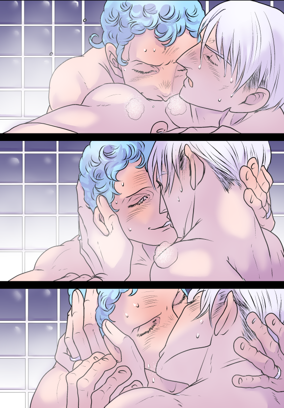 2boys blue_hair comic gay ghiaccio grey_hair jojo's_bizarre_adventure male male/male male_only nude nude_male offscreen_sex risotto_nero vento_aureo yaoi