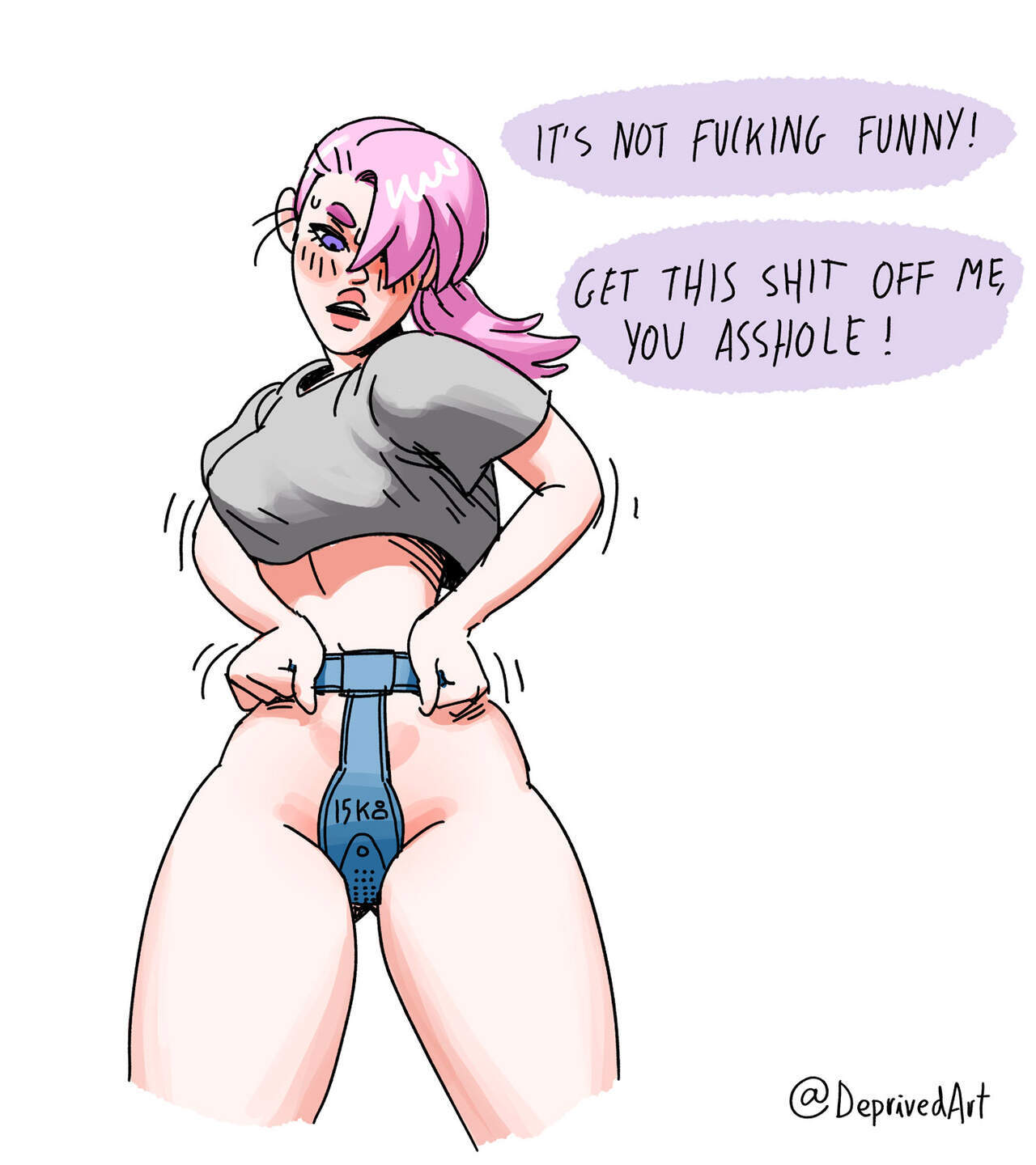 1girls, blush, bottomless, chastity, chastity belt, chastity device, curvy, curvy body, curvy female, curvy figure, curvy hips, curvy thighs, deprivedart, embarrassed, english text, female, female chastity, female only, frustrated, hips, light skin, light-skinned female, orgasm denial, pale skin, pale-skinned female, pink hair, pose, posing, purple eyes, shy, solo, text, thick thighs, thighs, wide hips