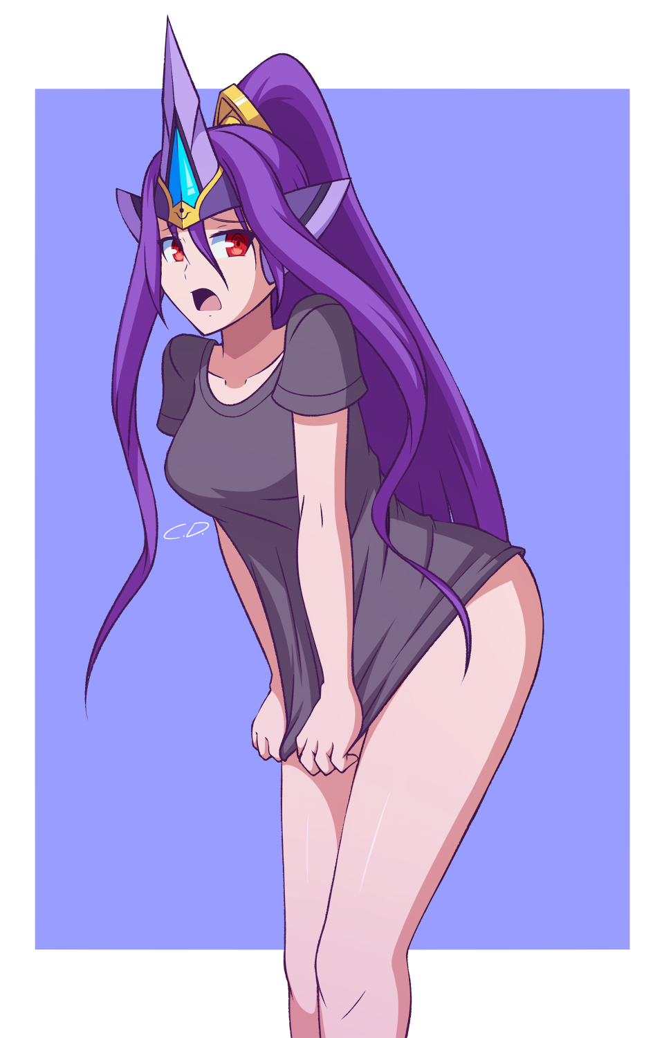 1girls blazblue blazblue:_central_fiction breasts hades_izanami long_hair looking_at_viewer mikado_(blazblue) open_mouth purple_hair red_eyes shiny_skin shirt_only shirt_pull shockwave_cd