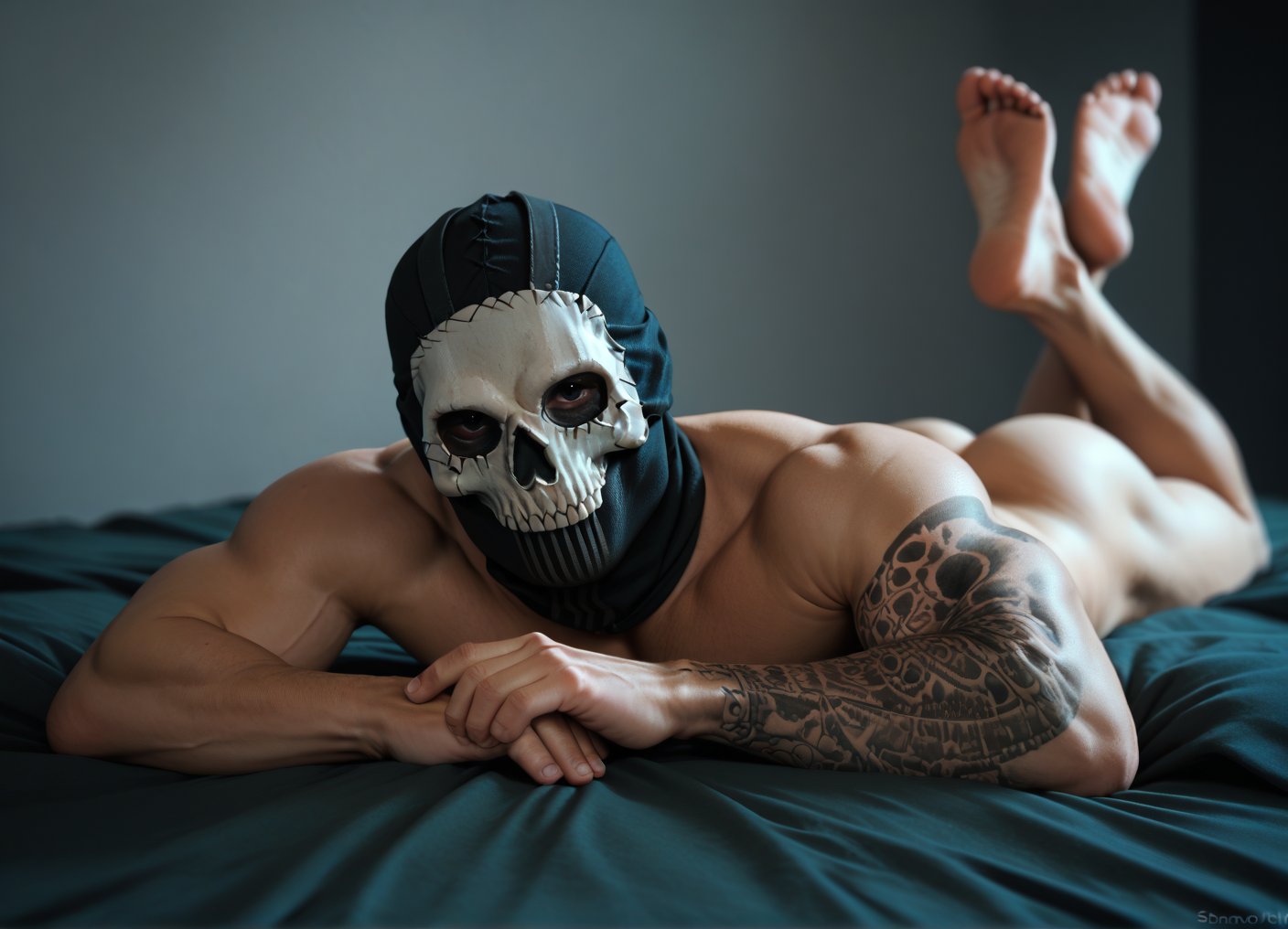 ai_generated ass call_of_duty ghost_(modern_warfare_2) legs_up looking_at_viewer lying_on_bed lying_on_stomach masked_male modern_warfare muscular muscular_male seductive seductive_look simon_riley skull_mask solo solo_focus solo_male solo_male tattoo tattoo_on_arm tattooed_arm