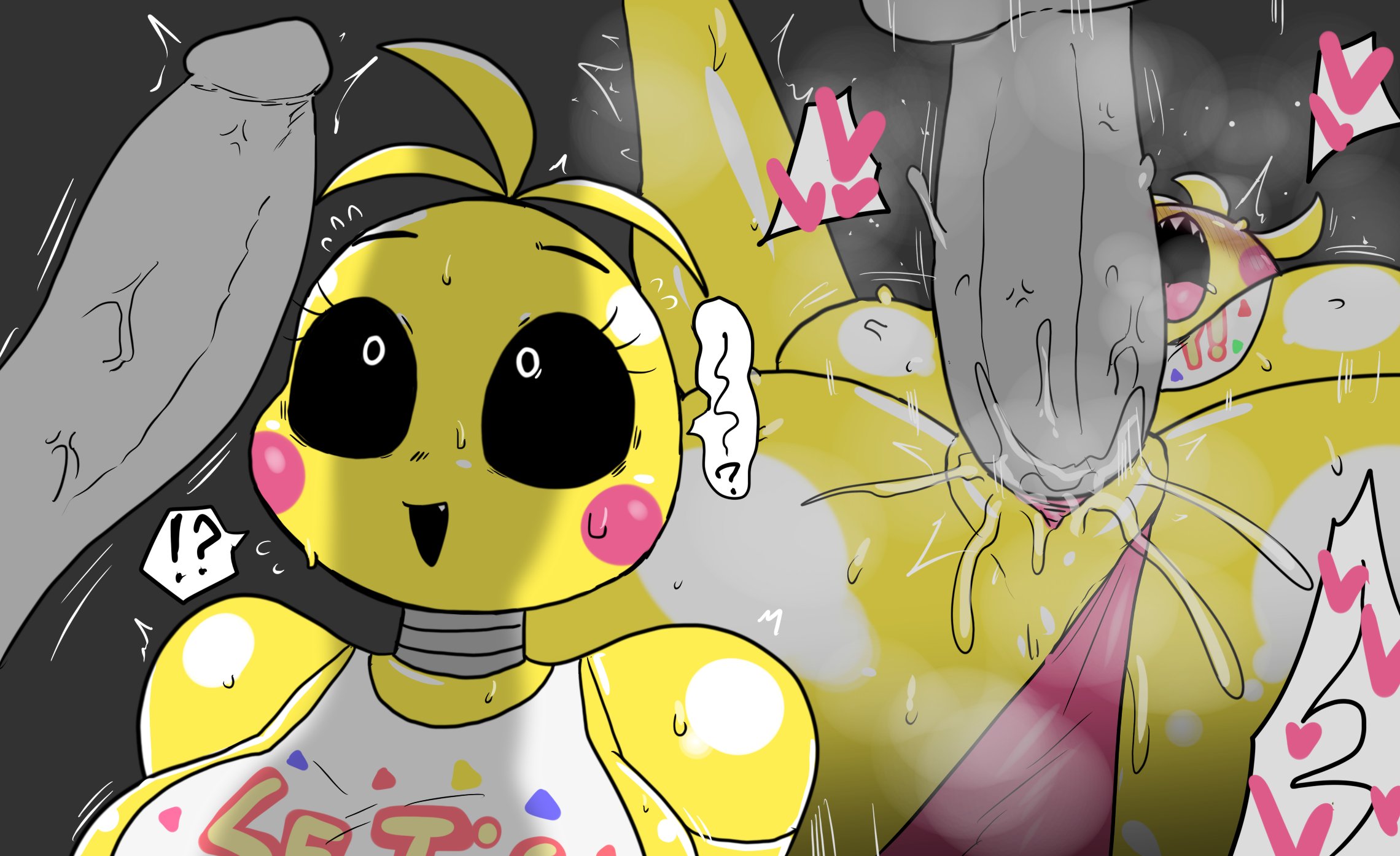 1boy, 1girls, animatronic, ass, breasts, chica (fnaf), enigi09, female, female focus, five nights at freddy's, five nights at freddy's 2, from behind, human, large ass, large breasts, looking at penis, male, mating press, penis, penis awe, sex, straight, thick thighs, thighs, toy chica (fnaf), wide hips